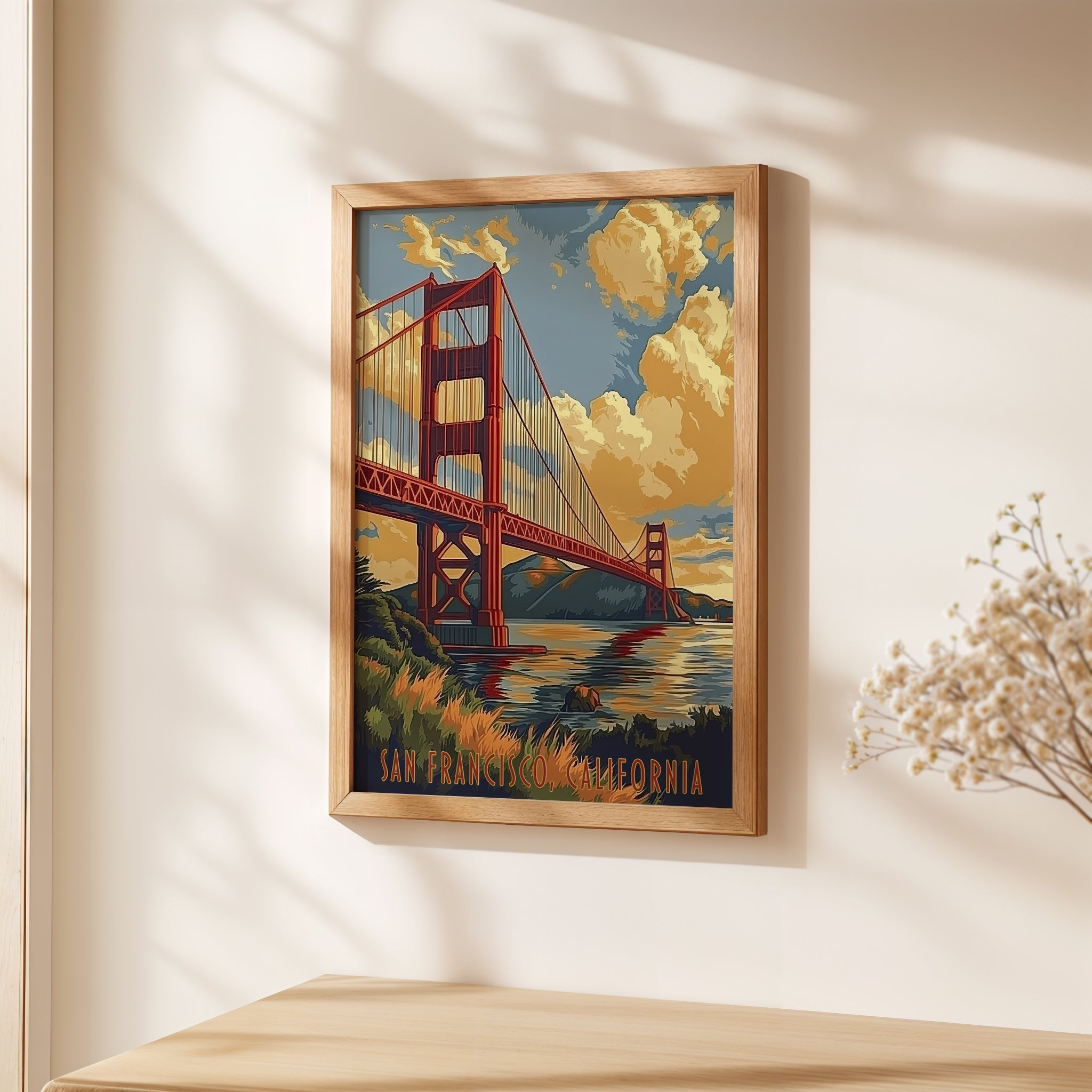 Vintage travel poster of the Golden Gate Bridge in San Francisco, California with sunset reflections on water.