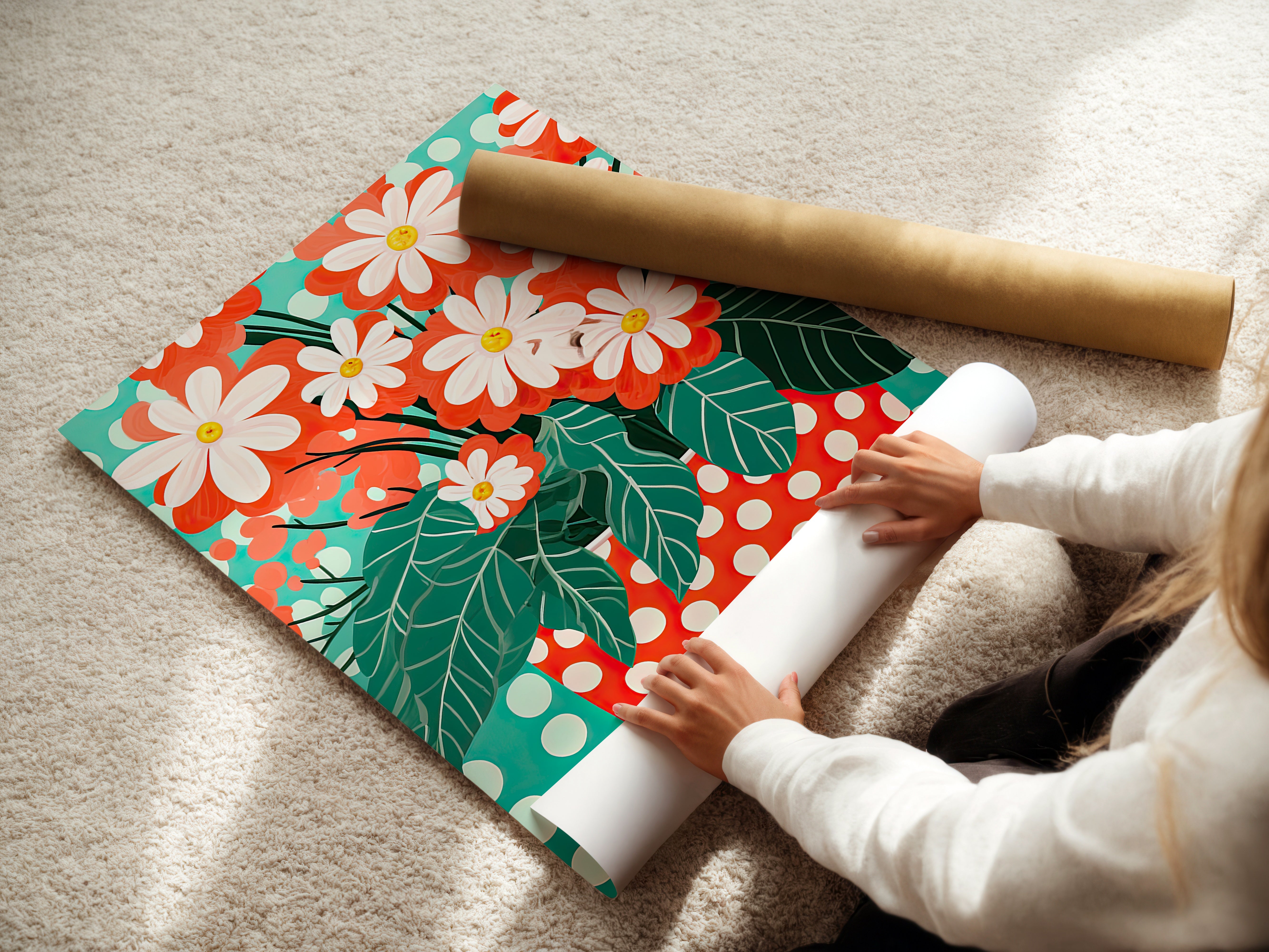 Person unrolling the Bold Blooms in Dots art print featuring flowers and polka dots on a turquoise background.