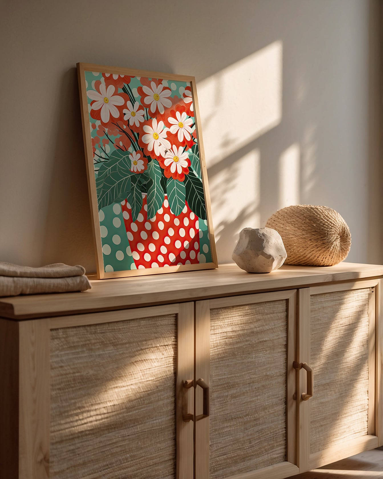 Colorful Bohemian art print featuring red-orange blooms in a polka-dotted vase on a turquoise background.