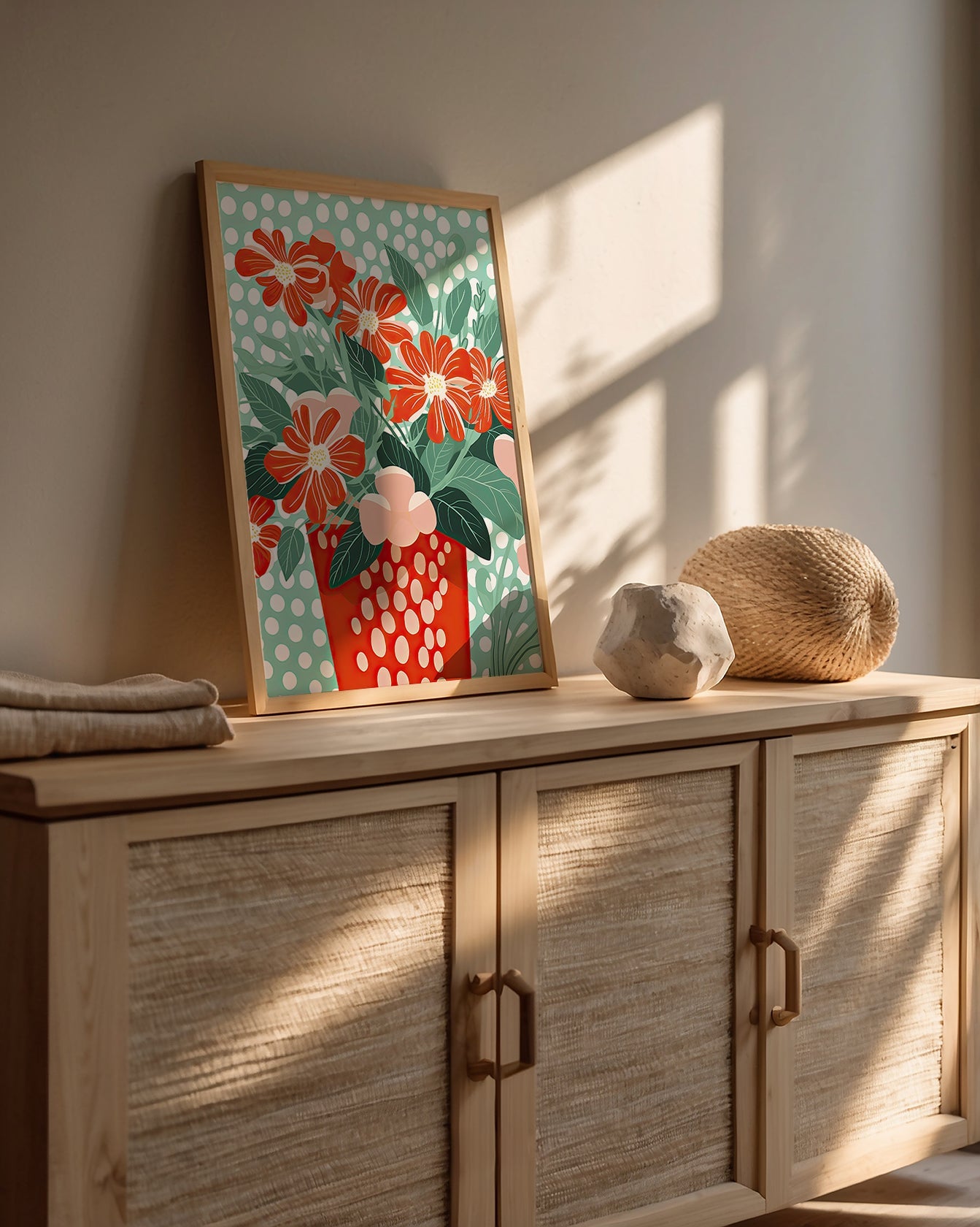 Vibrant floral wall art print in a red polka-dot vase, bringing a playful bohemian touch to modern decor.