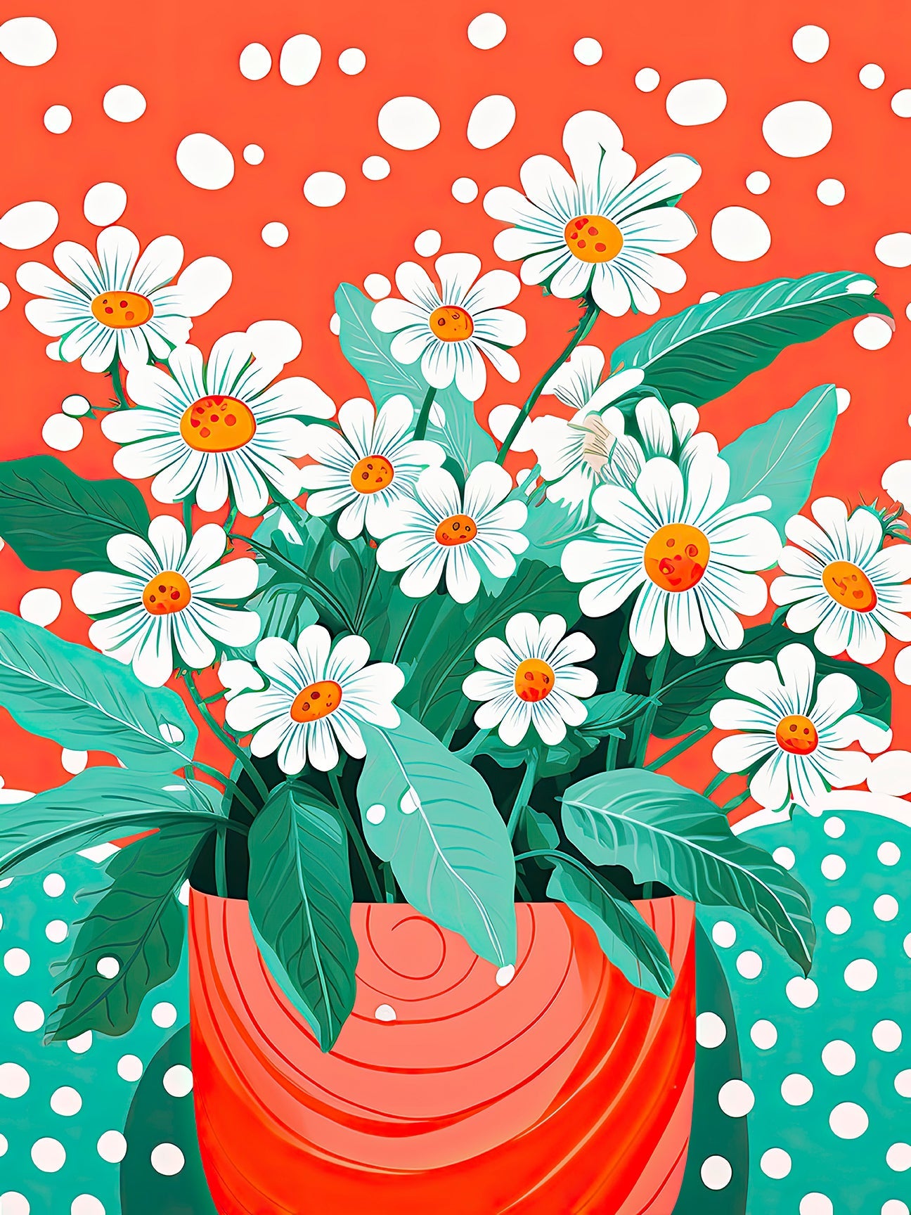 Retro Dot Garden wall art print featuring vibrant daisies and polka dots in teal and coral tones, perfect for boho decor.