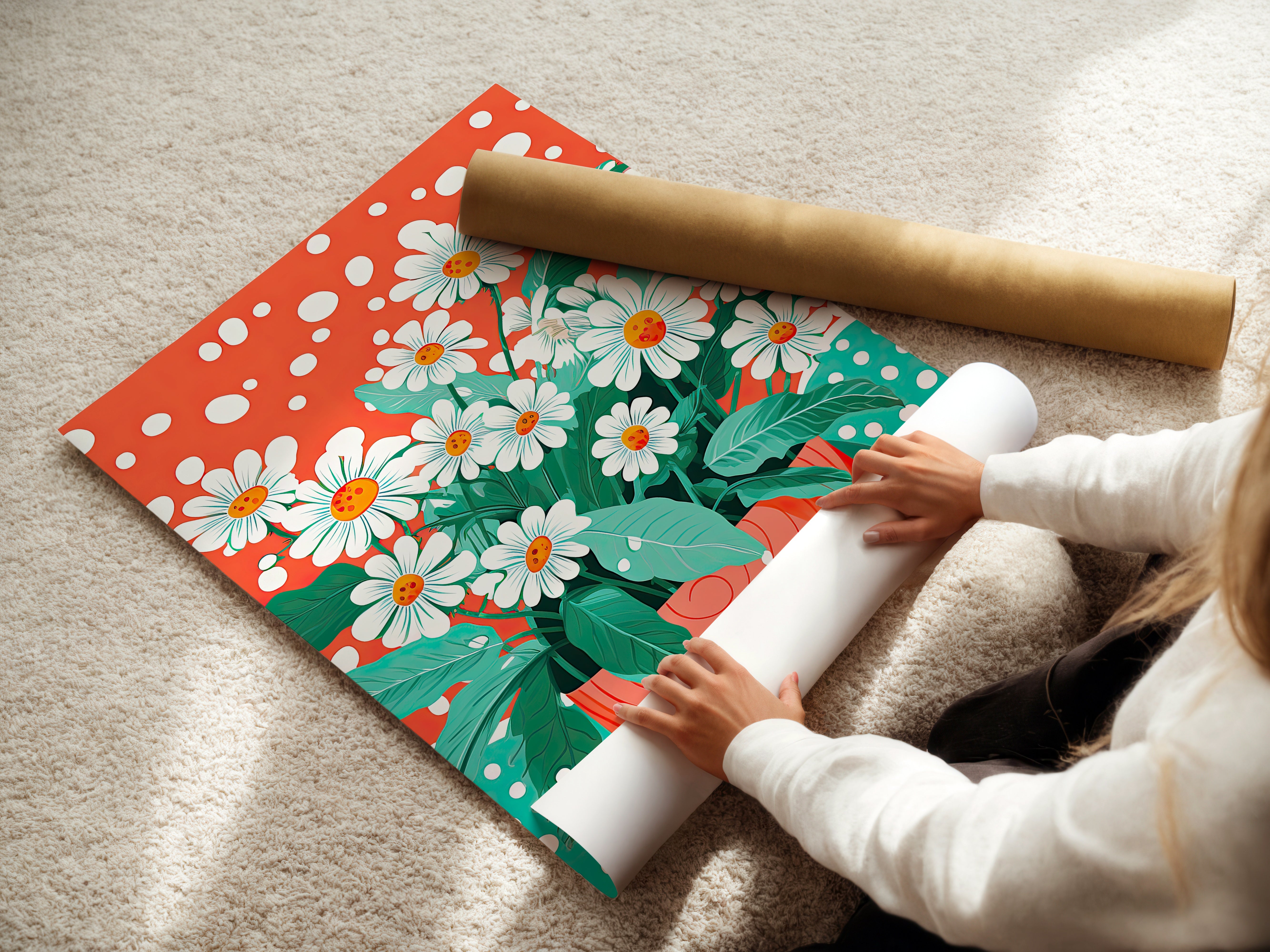 Wall art print featuring vibrant daisies and retro polka dots in bold teal and coral, perfect for modern bohemian decor.