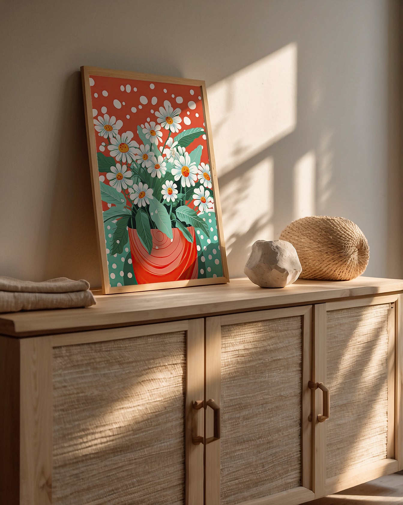 Retro Dot Garden wall art featuring vibrant daisies and polka dots, perfect for modern boho decor.