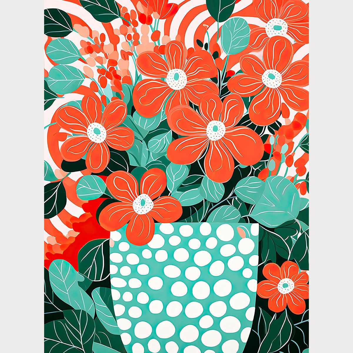 Bright Boho Garden art print featuring vibrant red flowers and turquoise polka-dot vase for modern wall art decor.