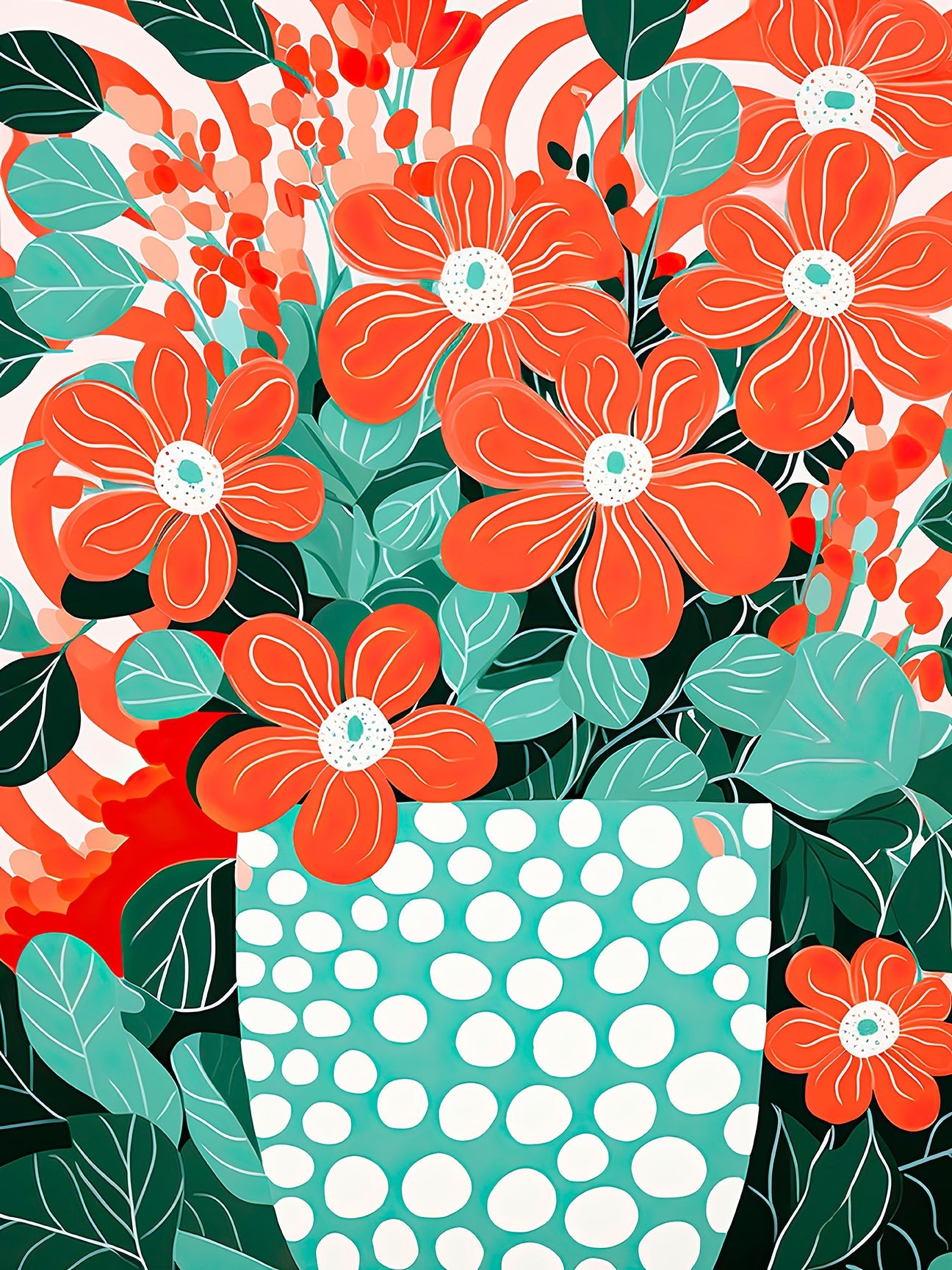 Bright Boho Garden wall art featuring vibrant red flowers in a turquoise polka-dot vase, perfect for modern bohemian decor.