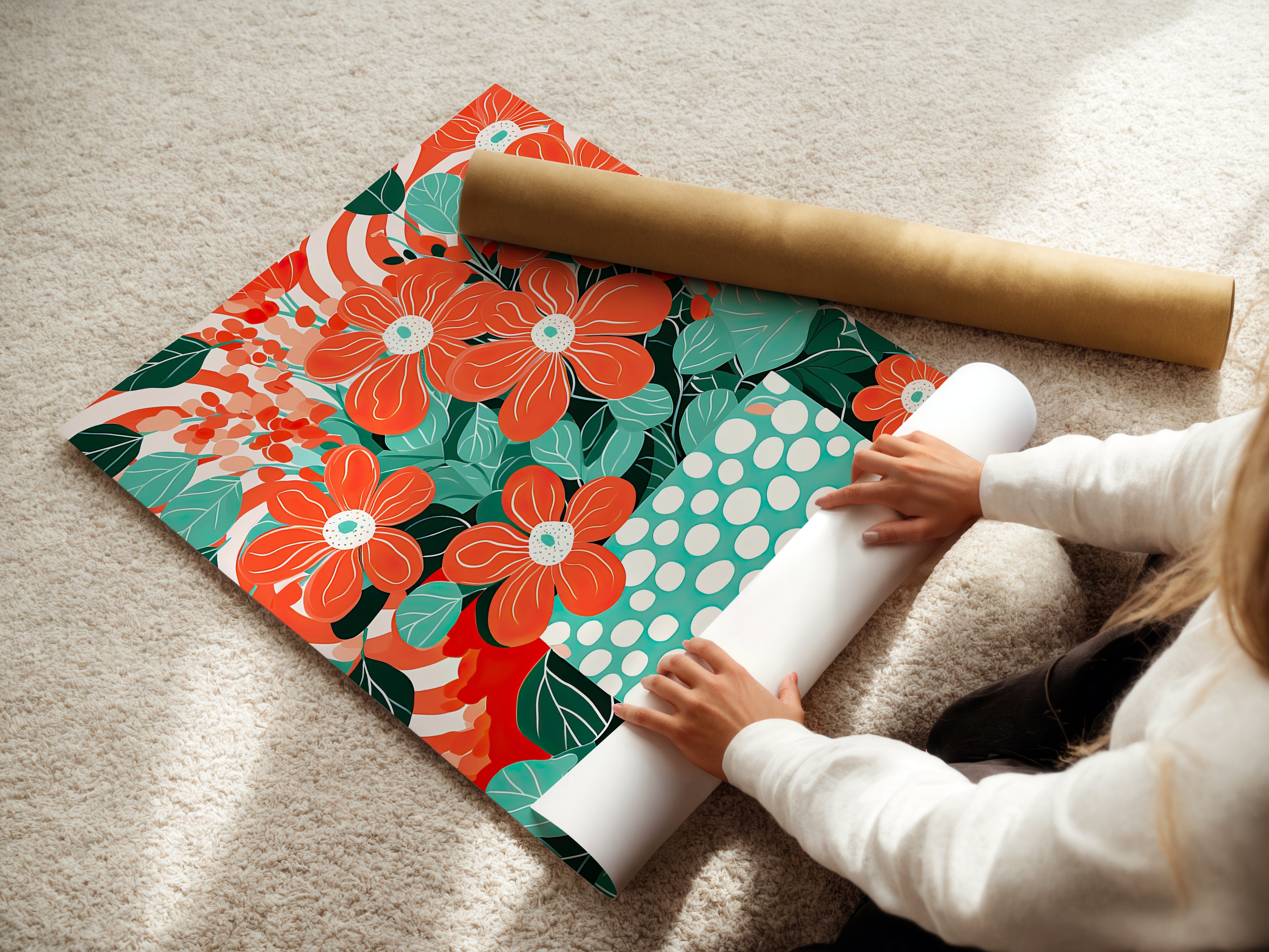 Bright Boho Garden art print featuring vibrant flowers and a turquoise polka-dot vase, perfect for modern wall decor.