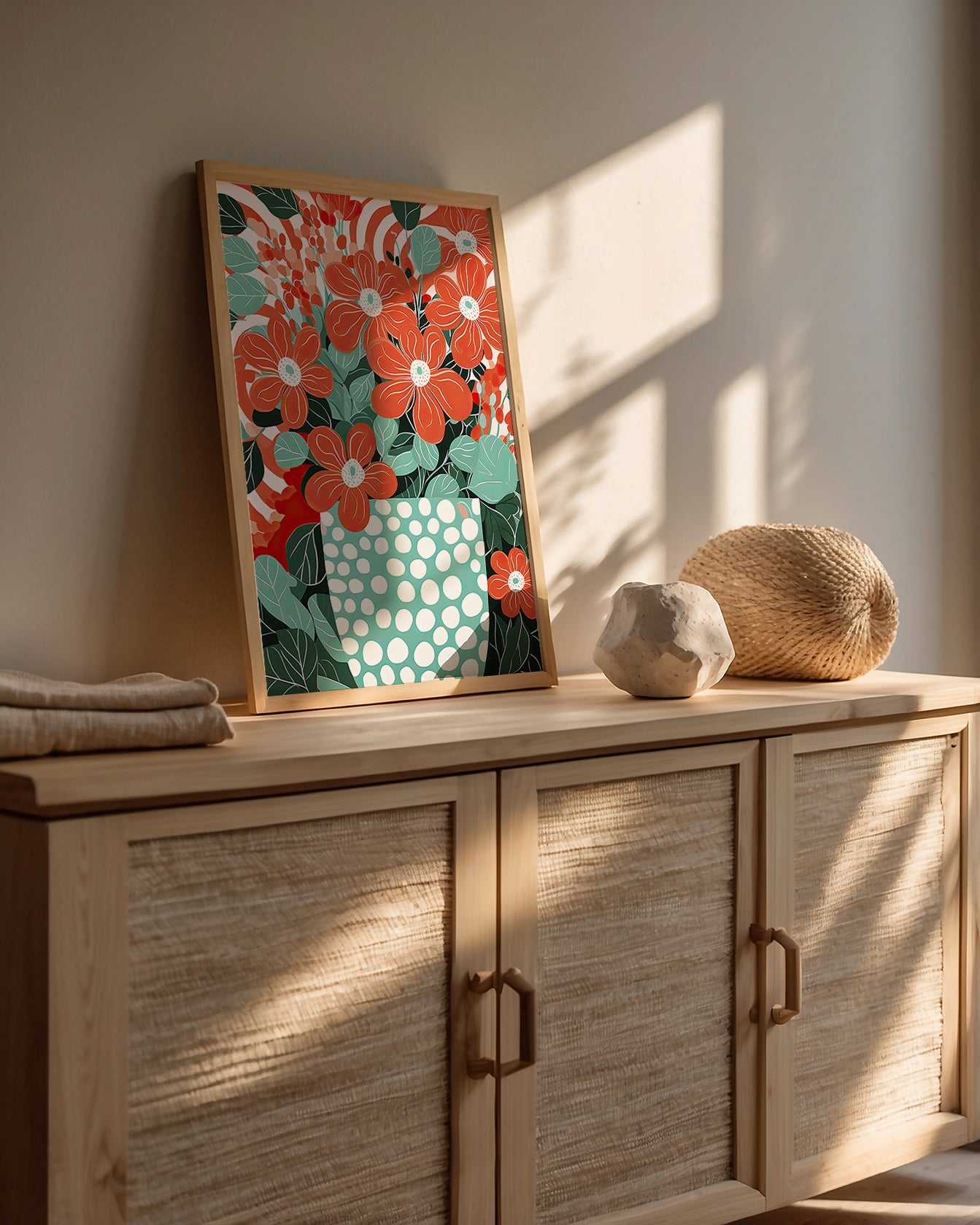 Bright Boho Garden art print featuring vibrant red flowers in a turquoise vase, perfect for modern wall art decor.