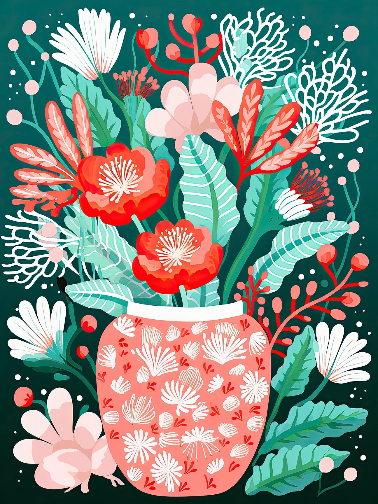 Charming Botanical Glow art print featuring coral vase with red flowers and teal background, ideal for modern boho wall decor.