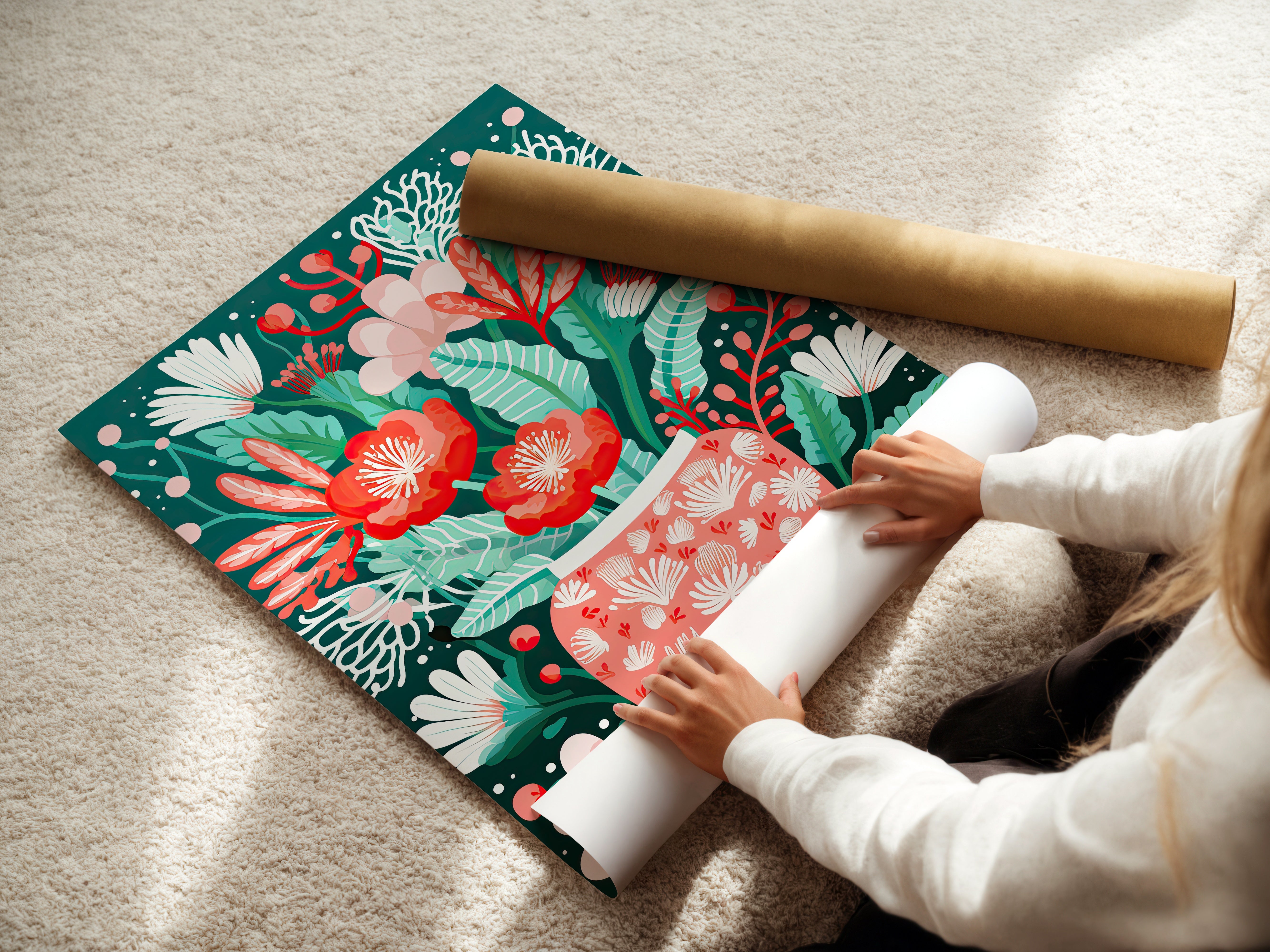 Person preparing the 'Charming Botanical Glow' art print showcasing vibrant flowers and a teal background.