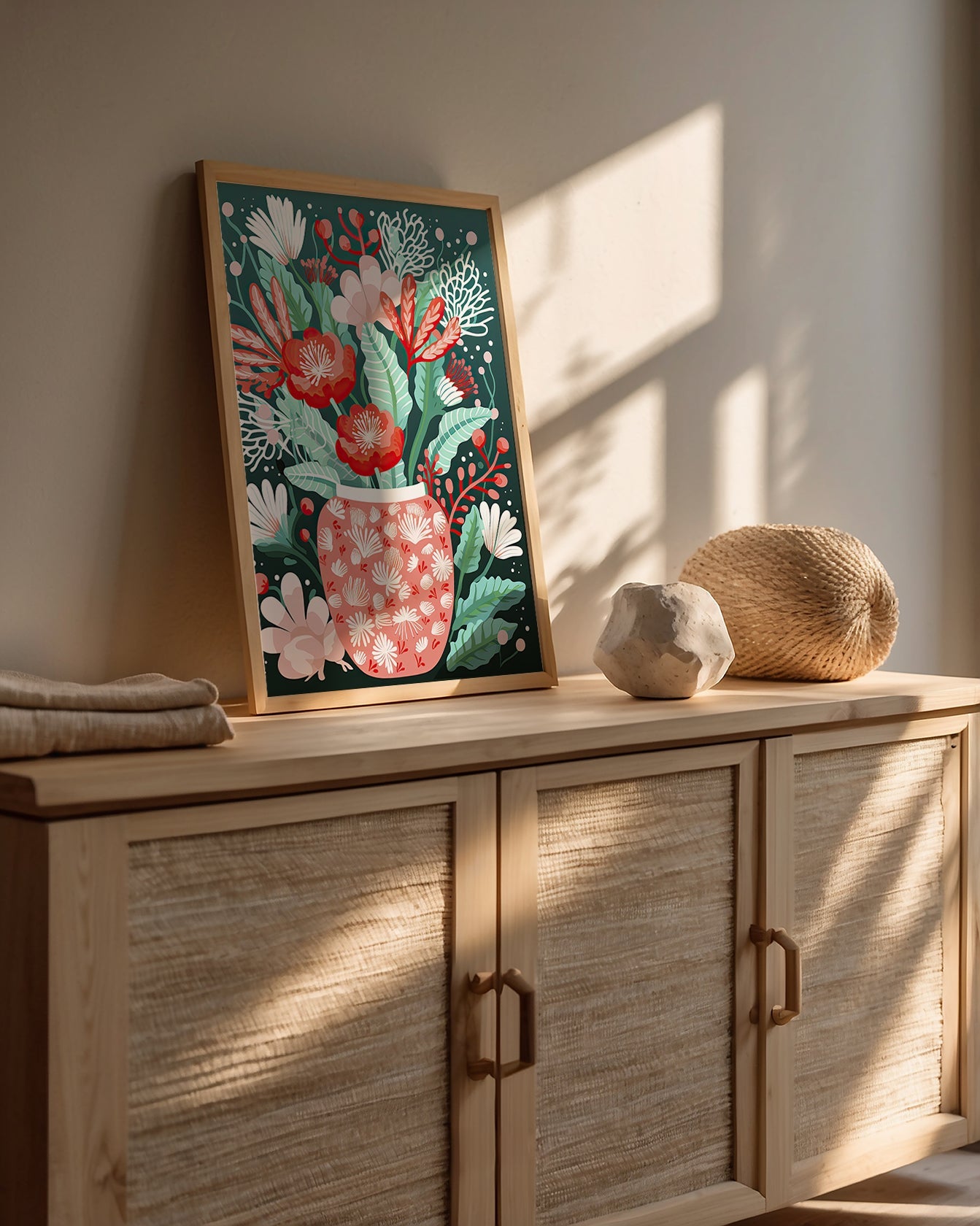 Charming Botanical Glow wall art print featuring a coral vase with white flowers on a deep teal background, perfect for Bohemian decor.
