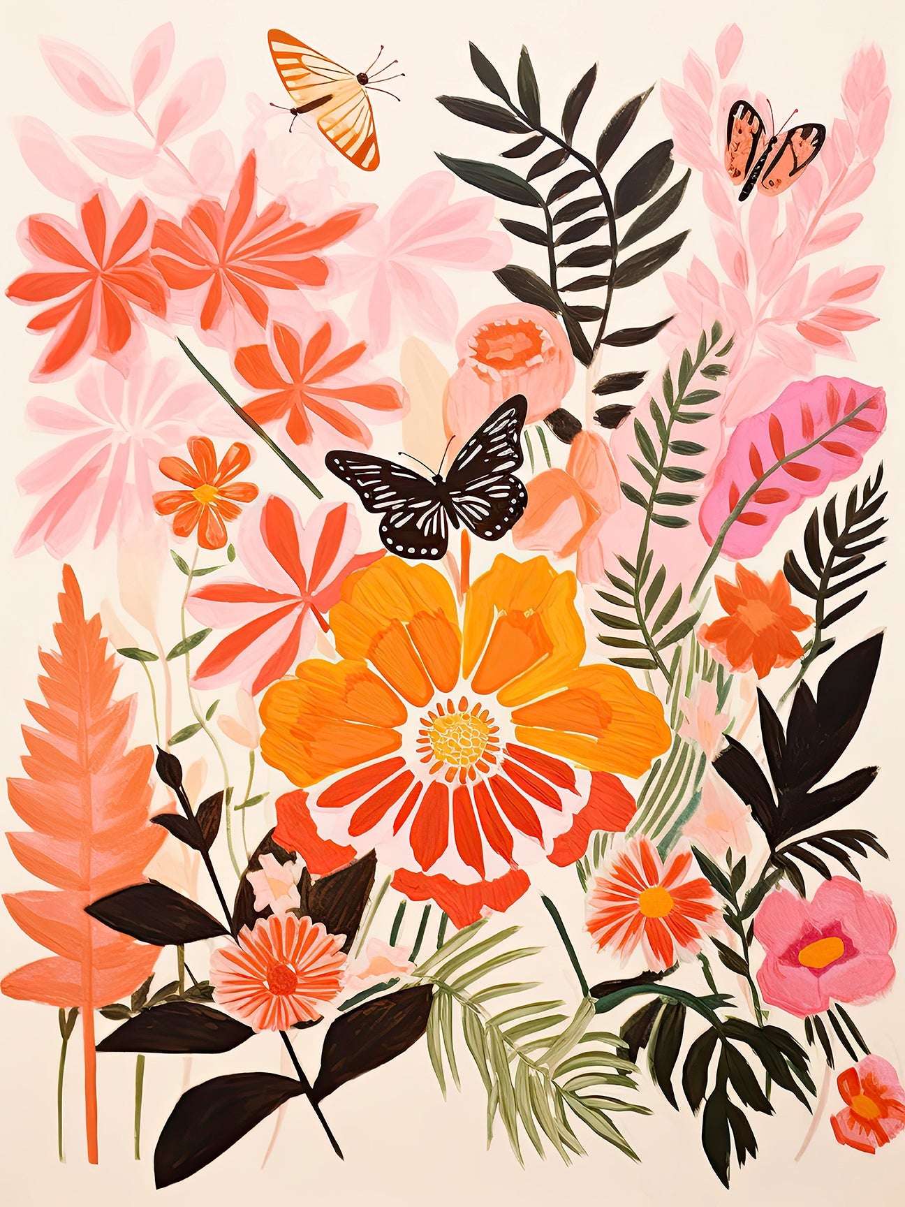 Bohemian art print featuring vibrant flowers and butterflies in a whimsical garden design, ideal for modern wall art.
