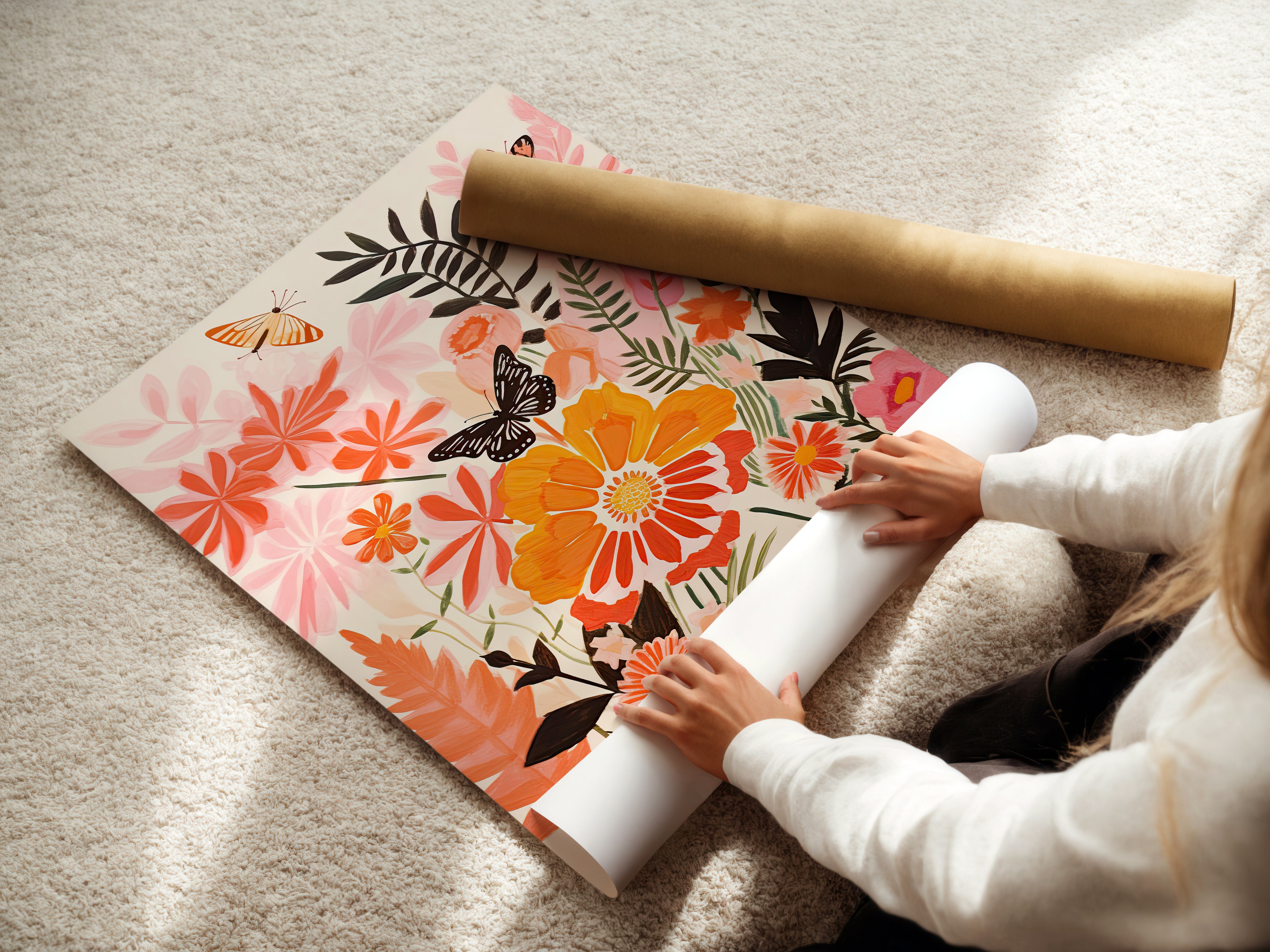 Person unrolling Lush Butterfly Paradise boho art print featuring vibrant flowers and butterflies on textured surface.