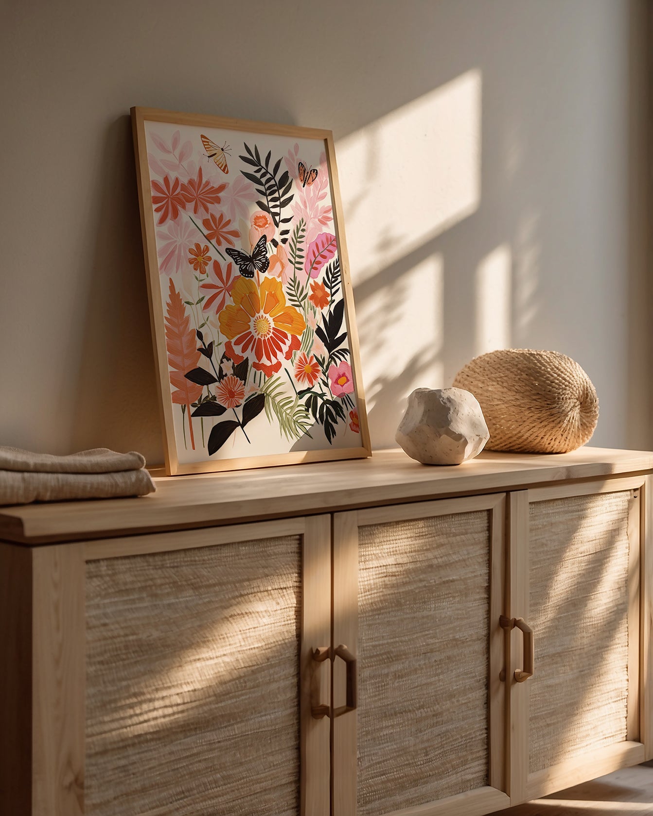 Lush Butterfly Paradise boho art print featuring vibrant flowers and butterflies on a side cabinet.