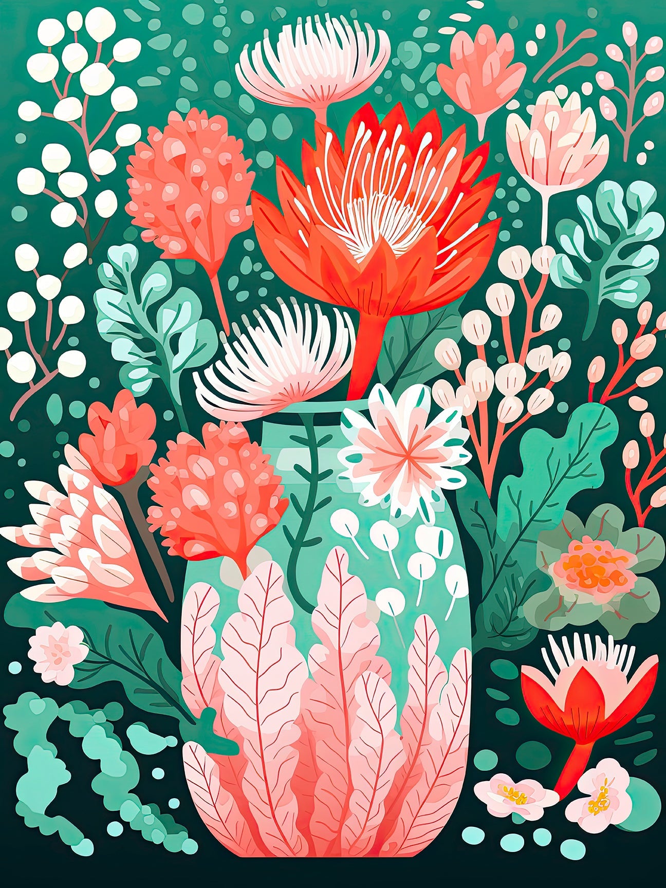 Floral Symphony Vase art print featuring vibrant flowers in coral, pink and green against an emerald backdrop. Bohemian wall art.