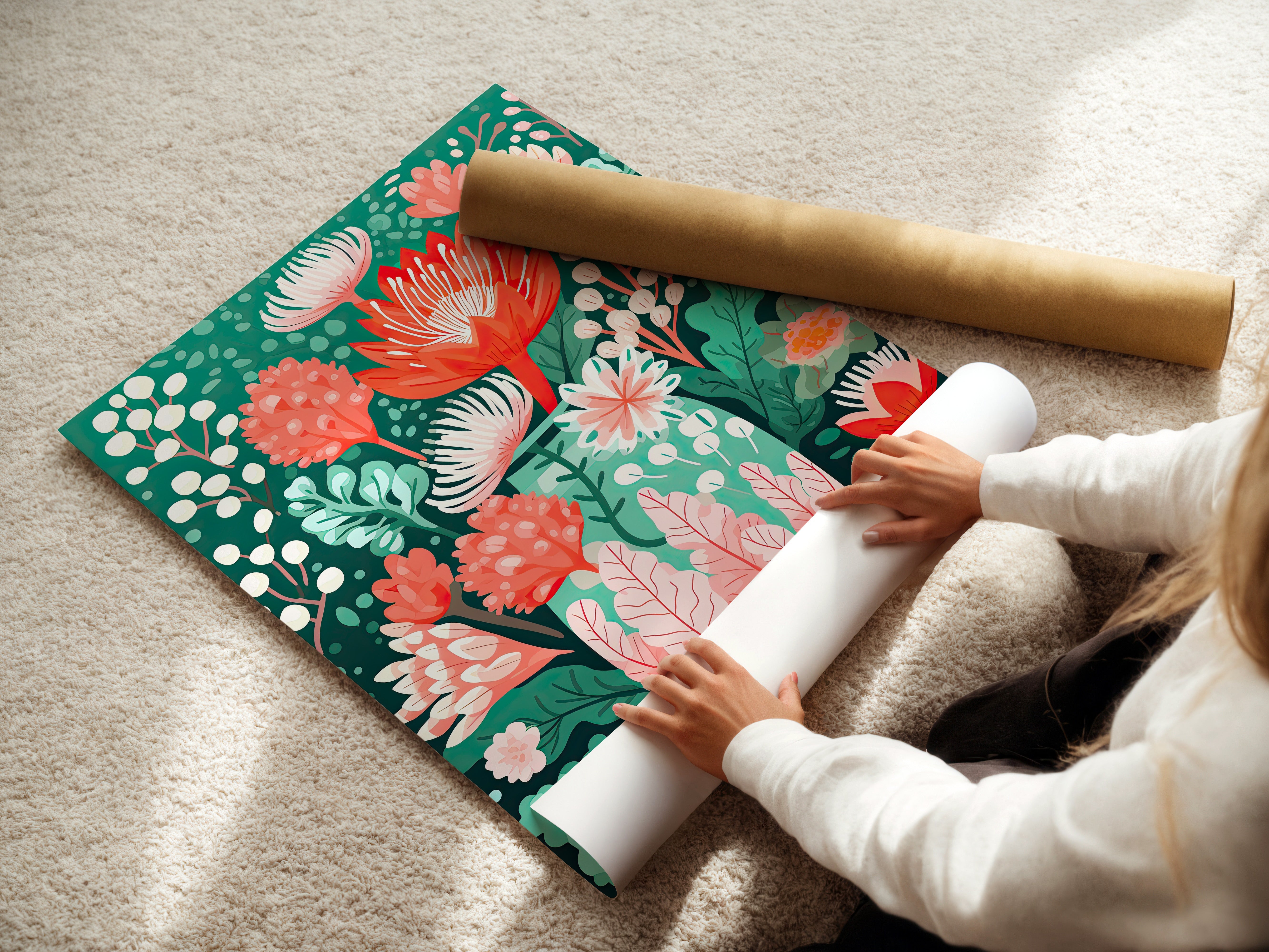 Person unrolling a vibrant Floral Symphony Vase art print featuring bold flowers on a lush green background.