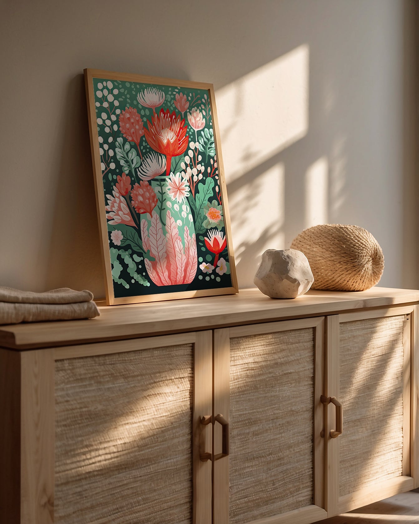 Floral Symphony Vase wall art print featuring vibrant flowers against an emerald background, showcasing bohemian style.