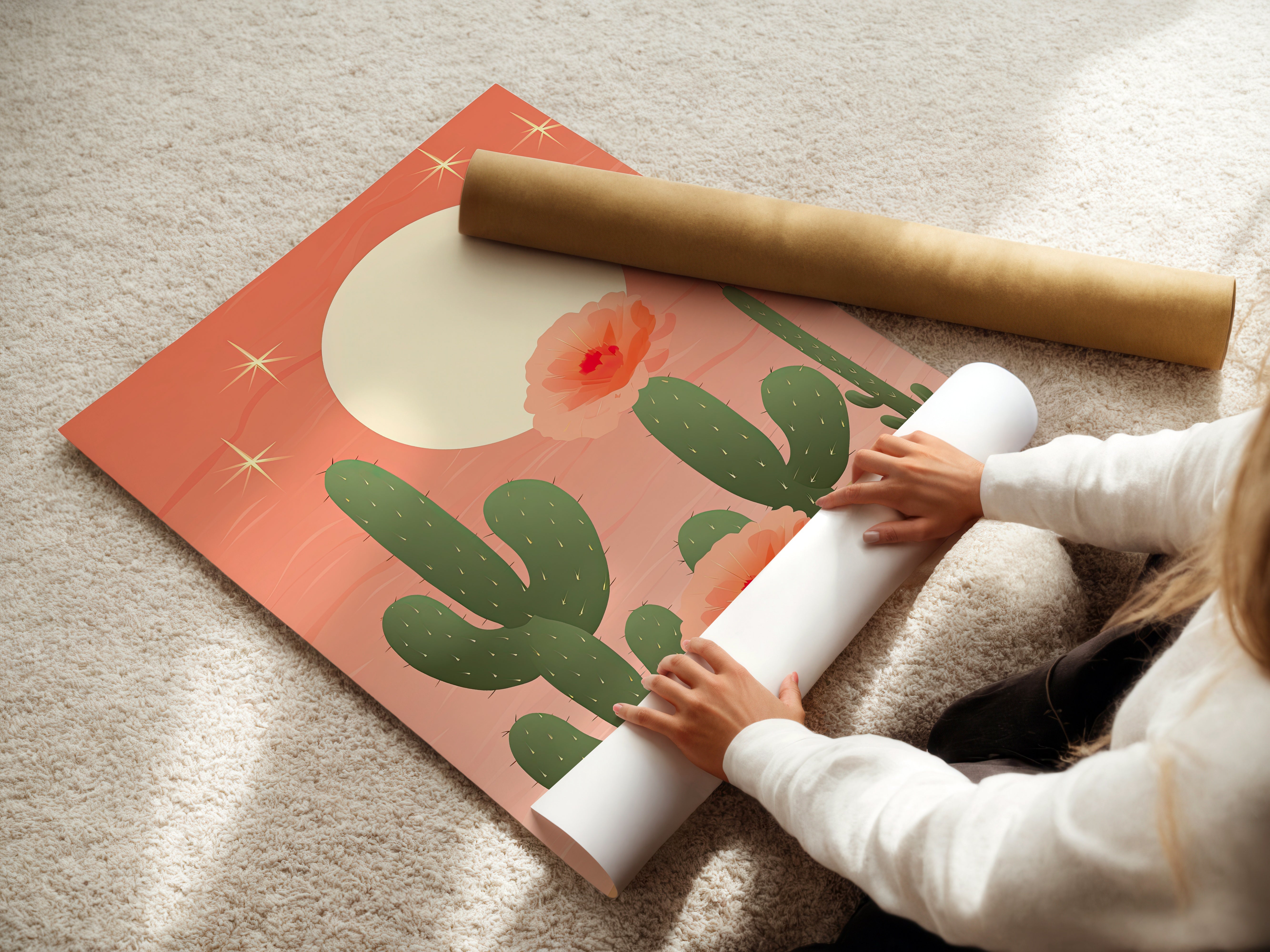 Golden Hour Cactus wall art print featuring cacti and flowers, perfect for bohemian and modern decor.