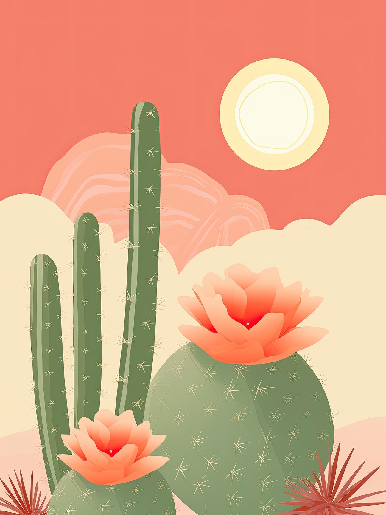 Stylish desert scene featuring blooming cacti under a soft sunrise, ideal for boho art lovers.
