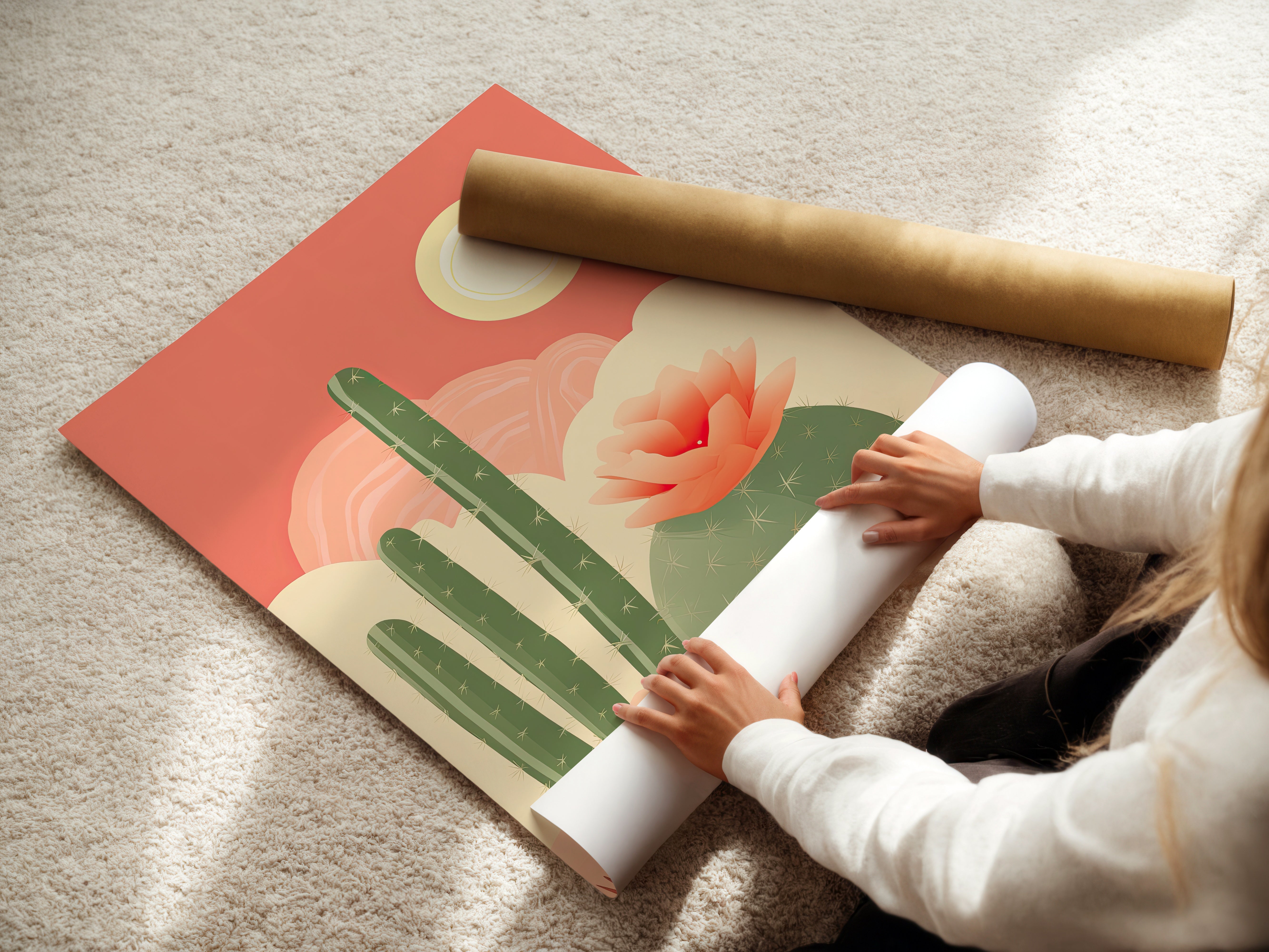 Person unrolling a vibrant cactus and flower wall art print on soft surface, showcasing boho chic design.