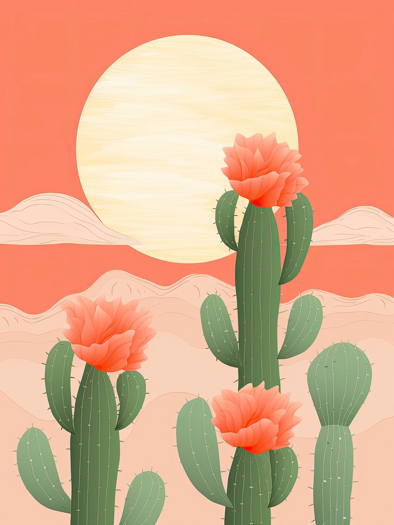 Sunrise over cactus fields artwork featuring blossoming cacti and a large sun, perfect for boho wall art decor.