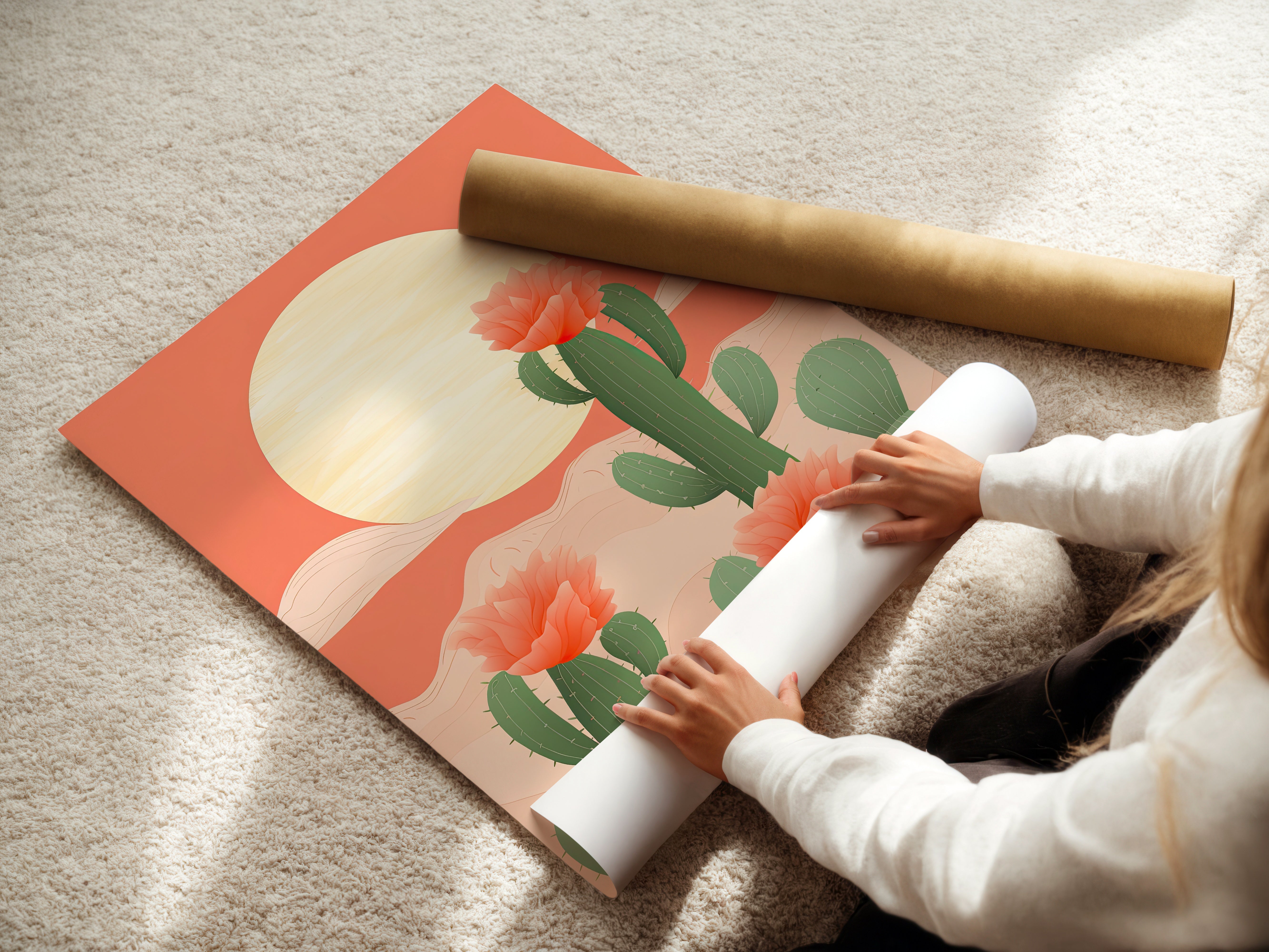 Sunrise Over Cactus Fields wall art print being unrolled, featuring cacti and flowers in a modern, bohemian style.