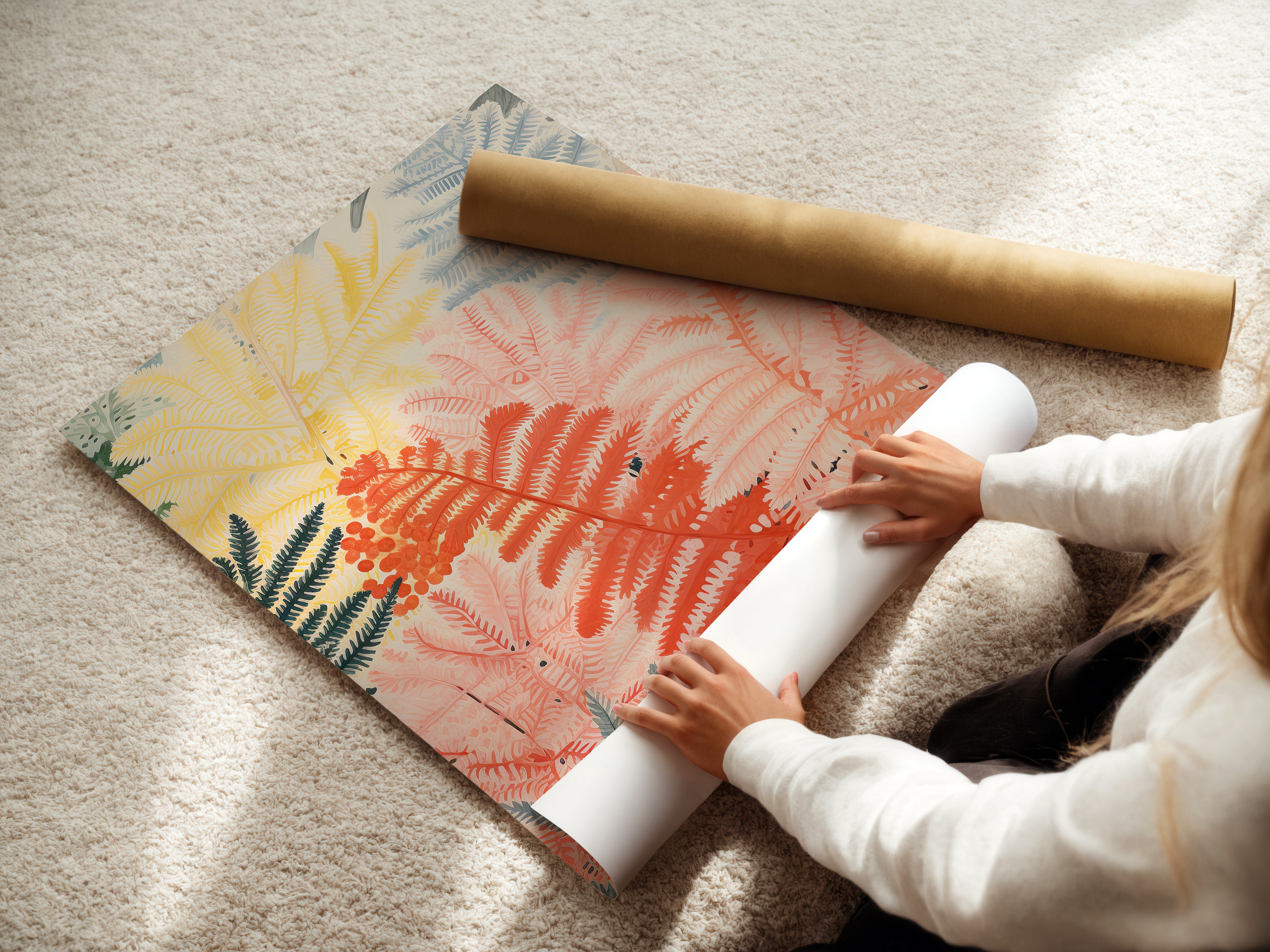 Person unrolling Bohemian art print featuring vibrant fern designs in pastel colors on a cozy floor.