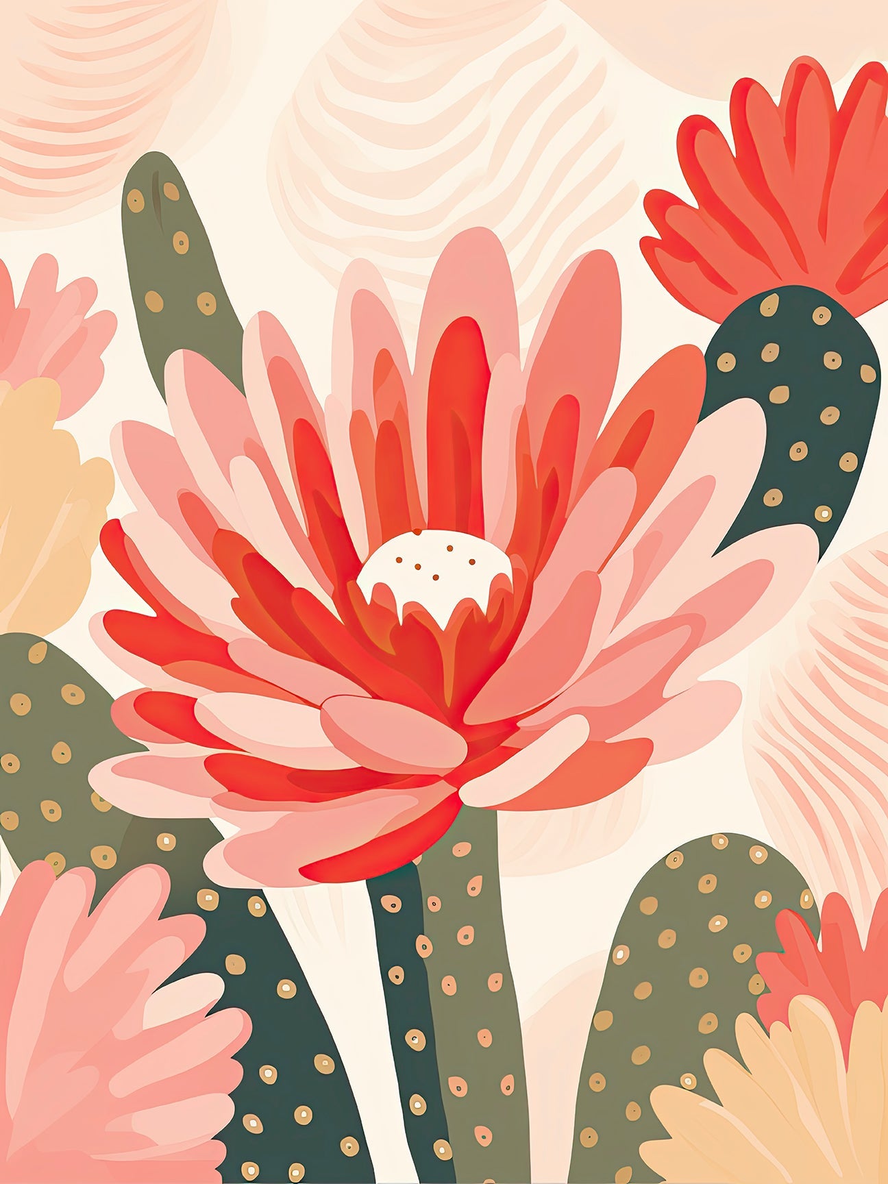 Colorful desert flowers in modern art style, featuring cactus blooms and vibrant hues, perfect for bohemian decor.