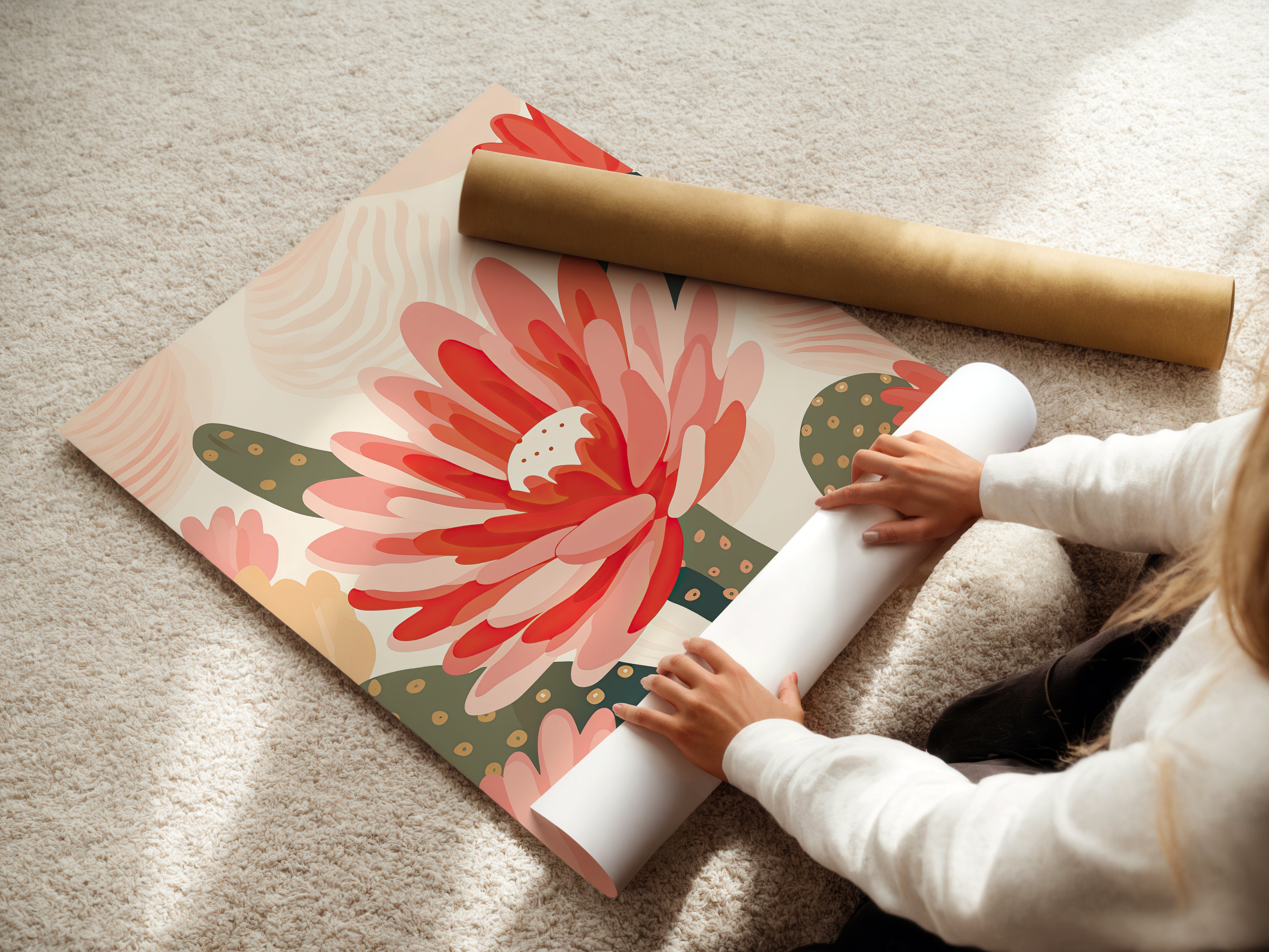 Person unpacking a colorful floral art print with coral and blush cactus blooms for wall decor.