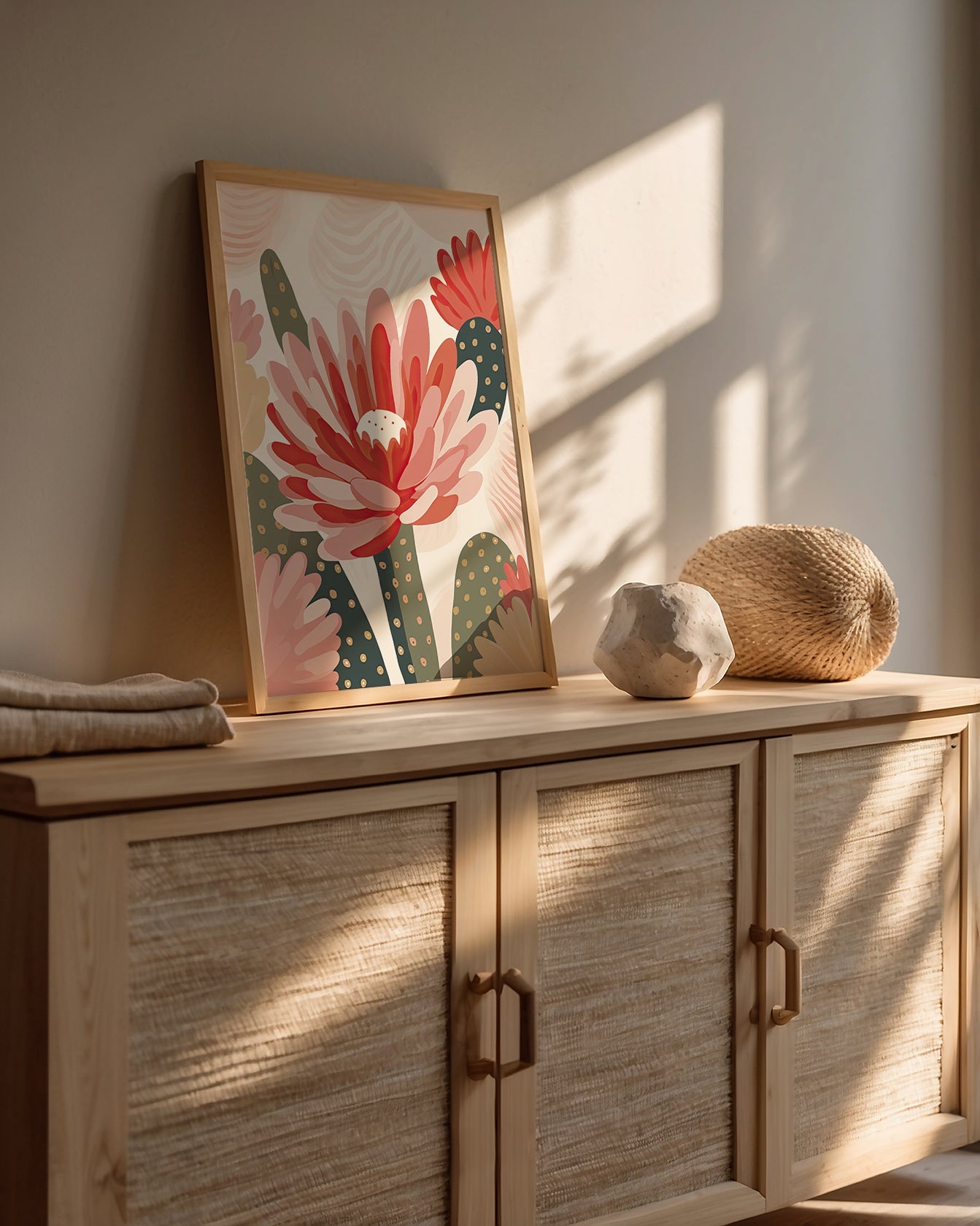 Modern wall art print featuring oversized flowers and cactus in coral and blush tones, perfect for bohemian decor.