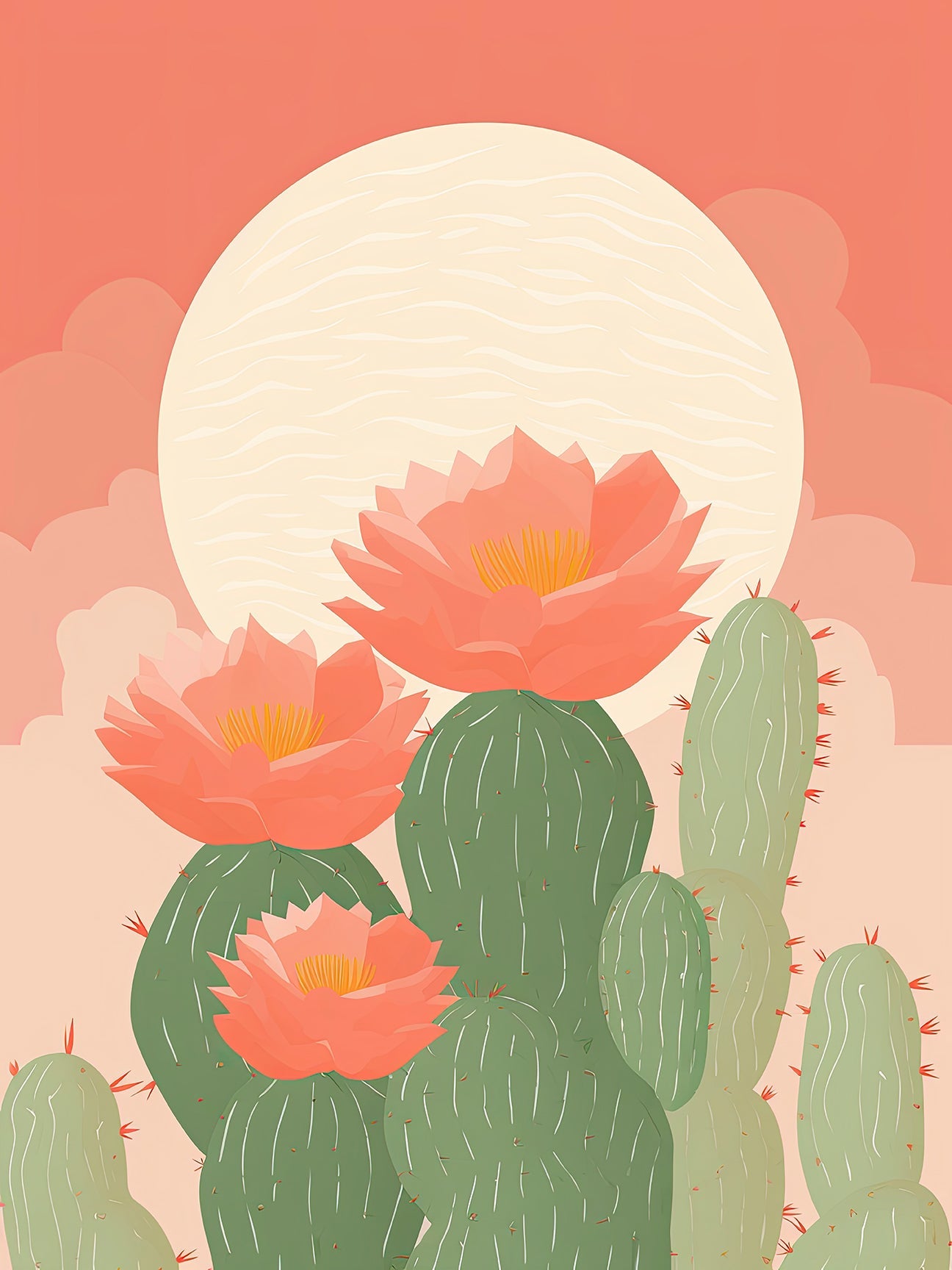 Moonlit Desert Blooms wall art featuring coral flowers on cacti with a full moon backdrop, perfect for bohemian decor.