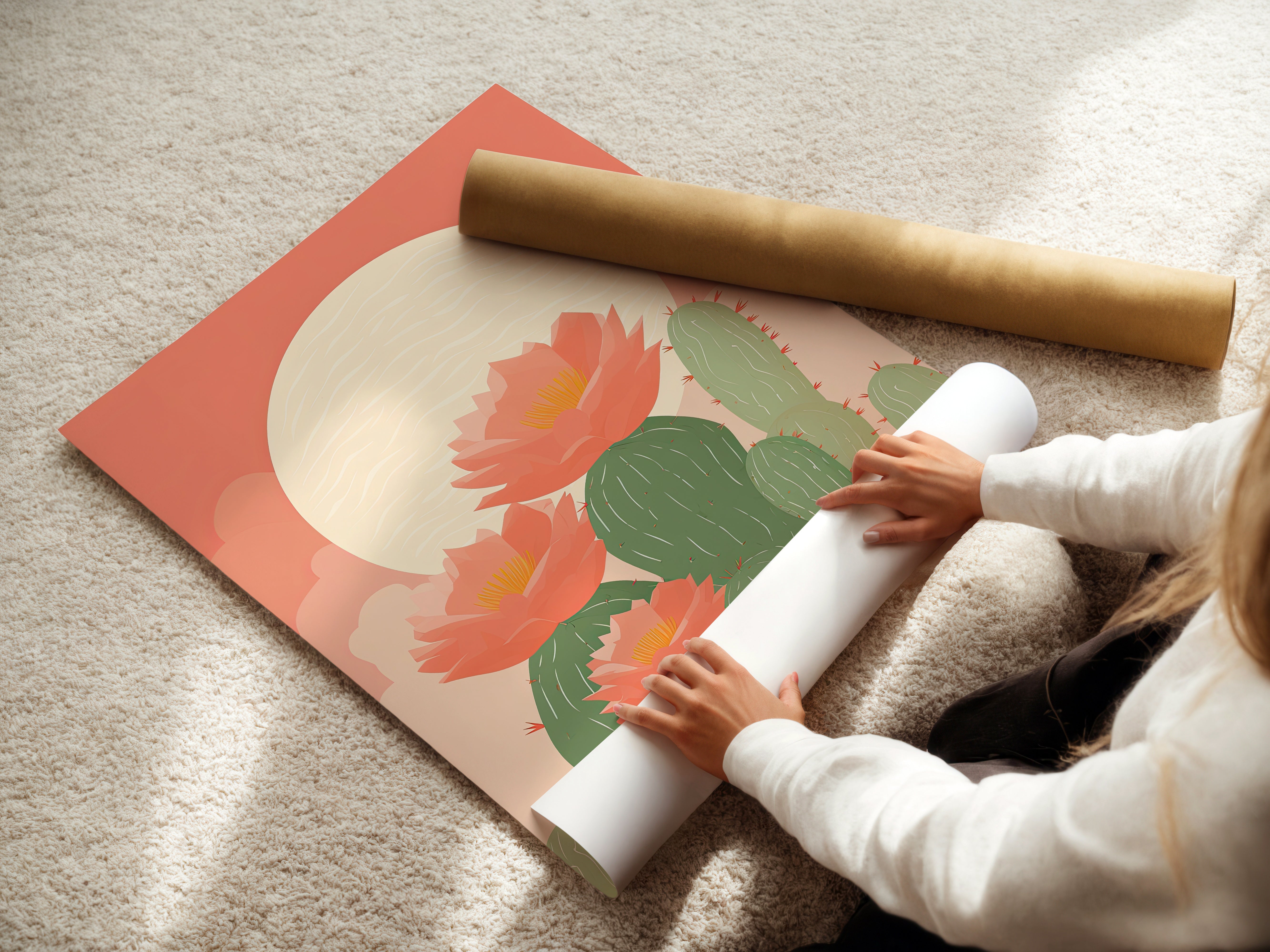 Woman unrolling 'Moonlit Desert Blooms' cactus wall art print with coral flowers and a glowing moon.