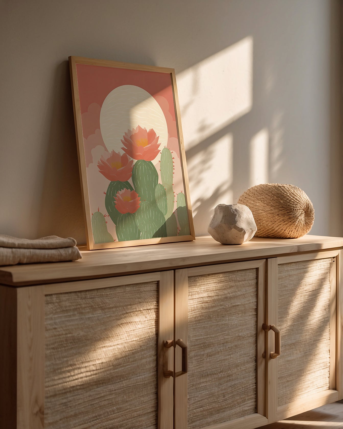 Moonlit Desert Blooms wall art print featuring cacti and pastel flowers, perfect for Bohemian and modern decor.