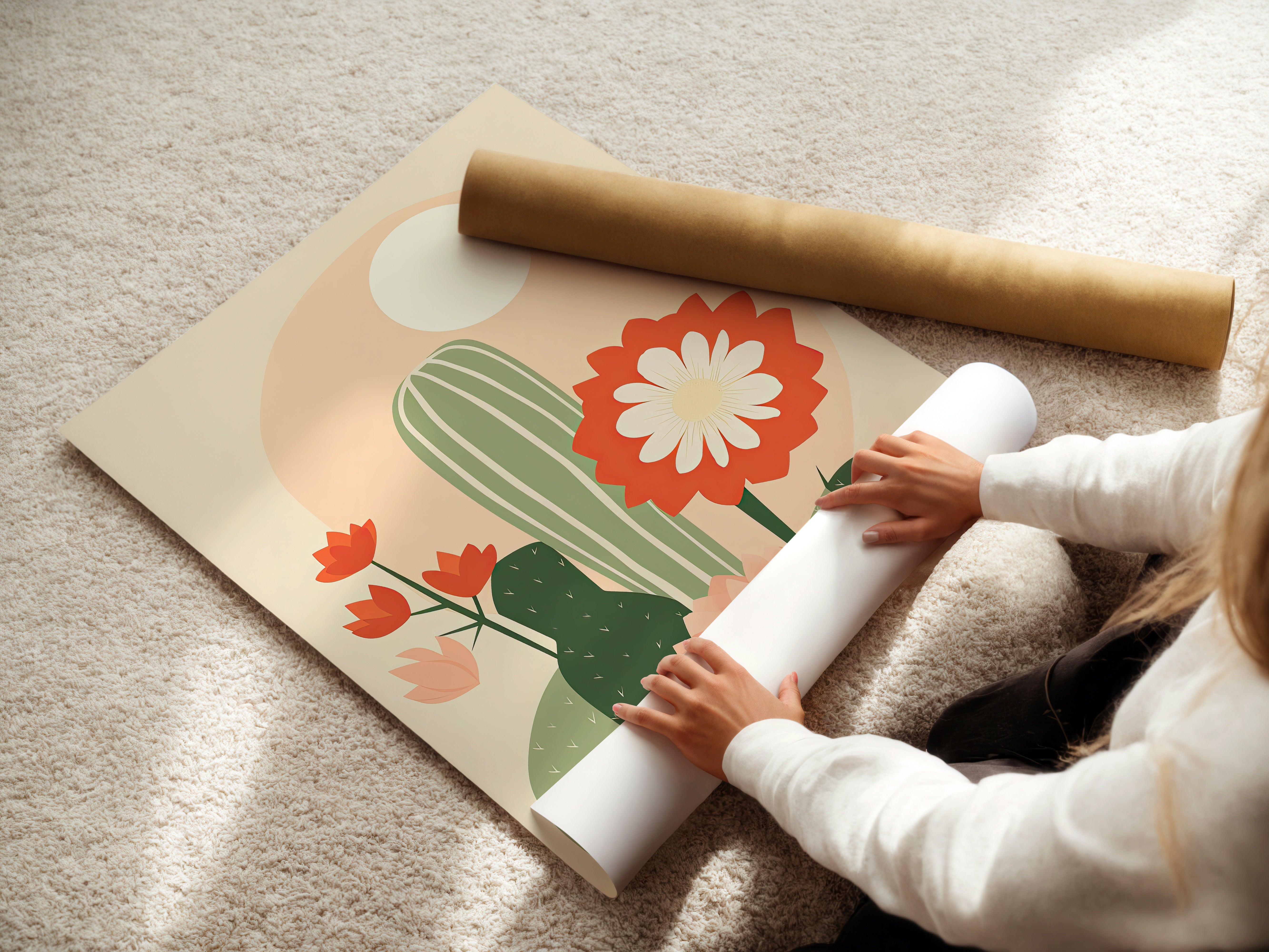 Person unrolling a wall art print of cactus and flowers in warm tones, depicting modern boho art.