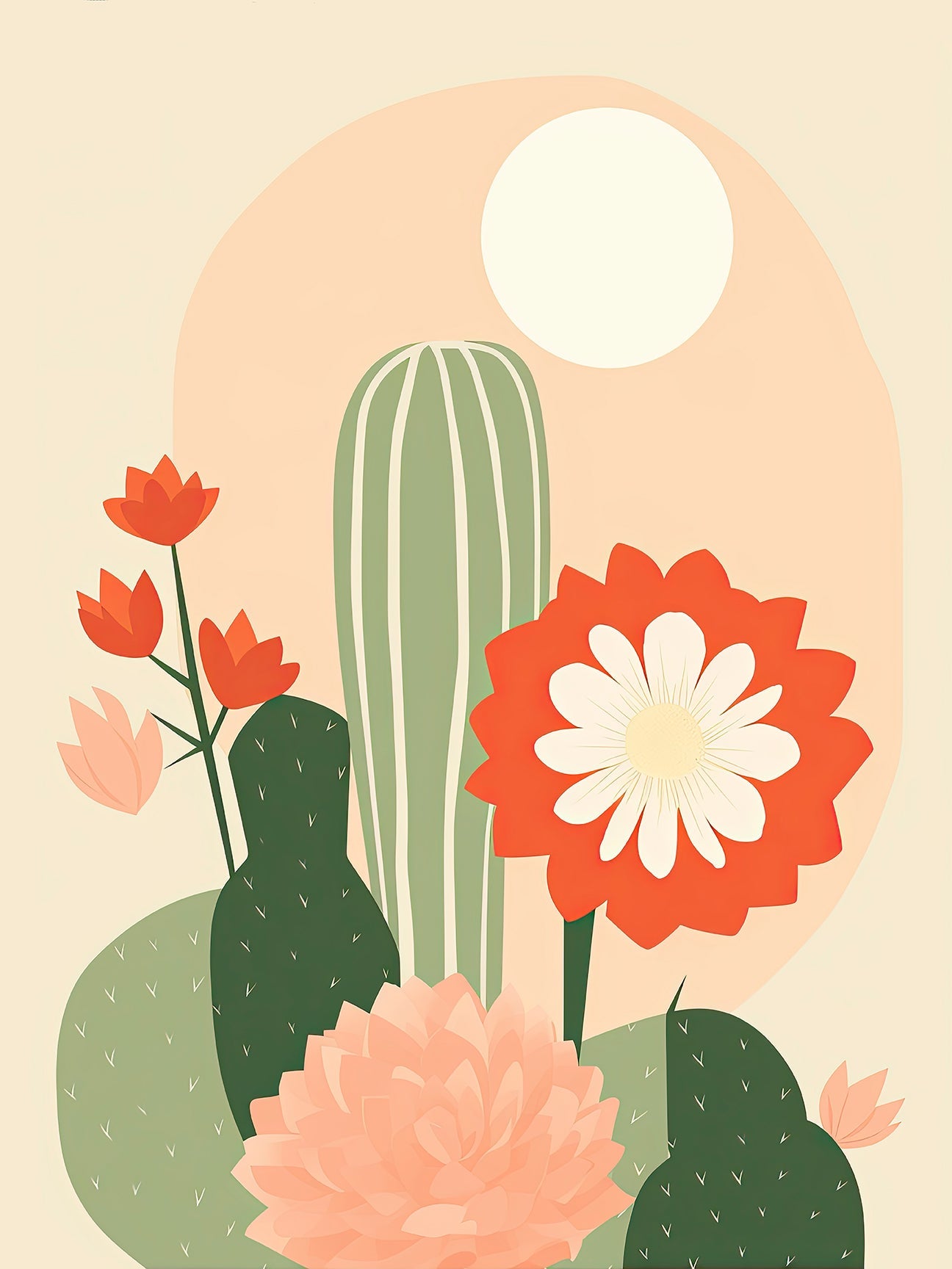 Blooming Boho Oasis wall art print featuring cacti and vibrant flowers with a minimalist sun in a warm palette.