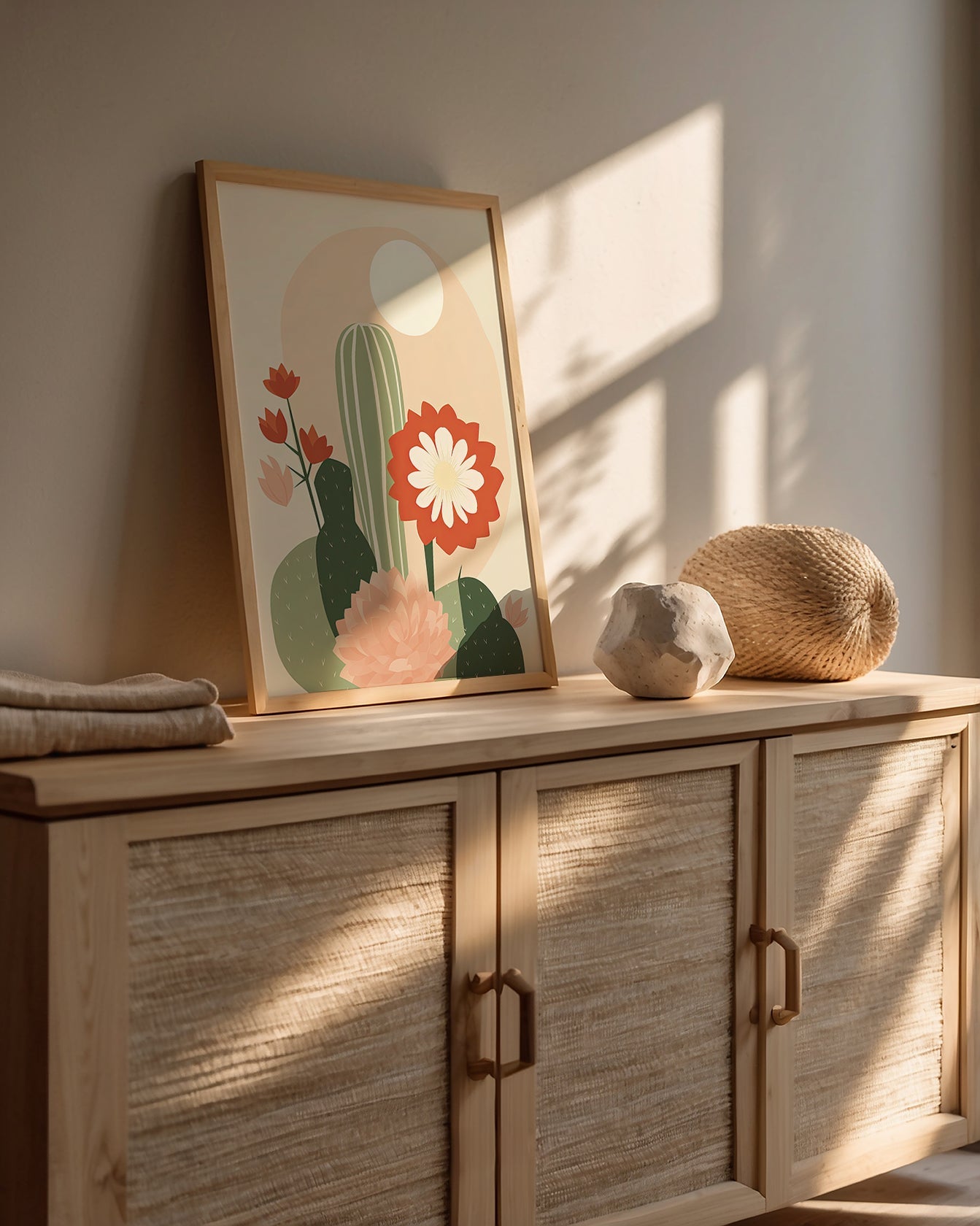 Blooming Boho Oasis wall art print featuring blooming cactus and flowers in warm colors, enhancing modern bohemian decor.