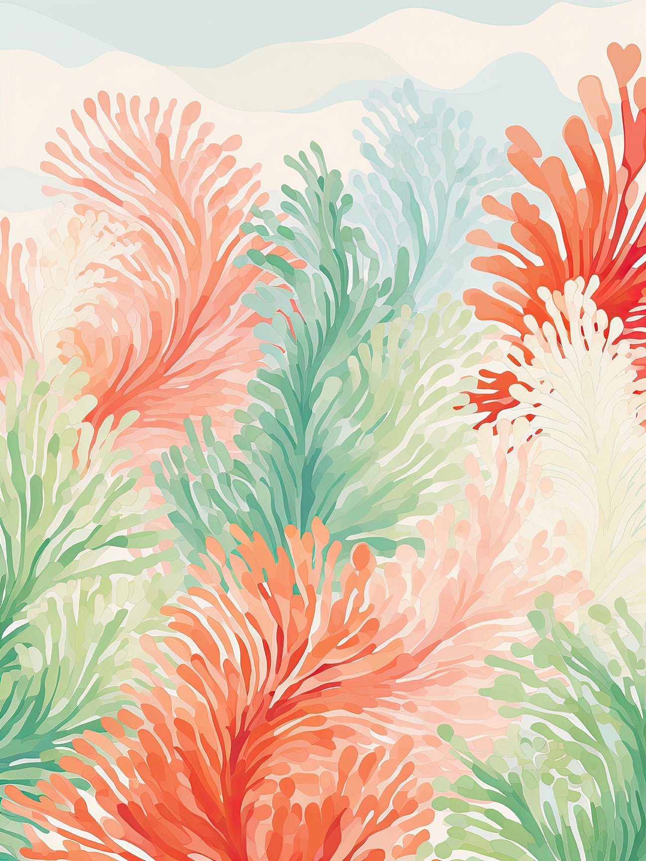 Abstract ocean ferns wall art print in soft corals, sea greens, and ocean blues for a tranquil bohemian vibe.