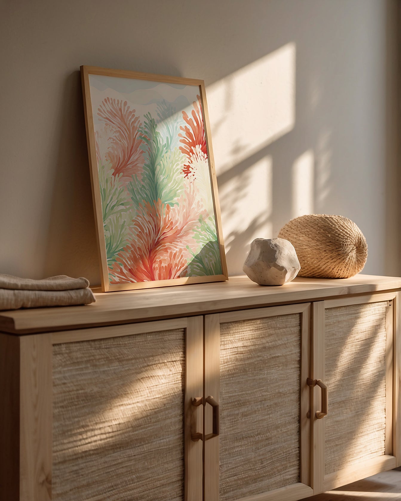 Serene Ocean Ferns art print displayed on a wooden cabinet, featuring soft corals and ocean greens for a tranquil vibe.