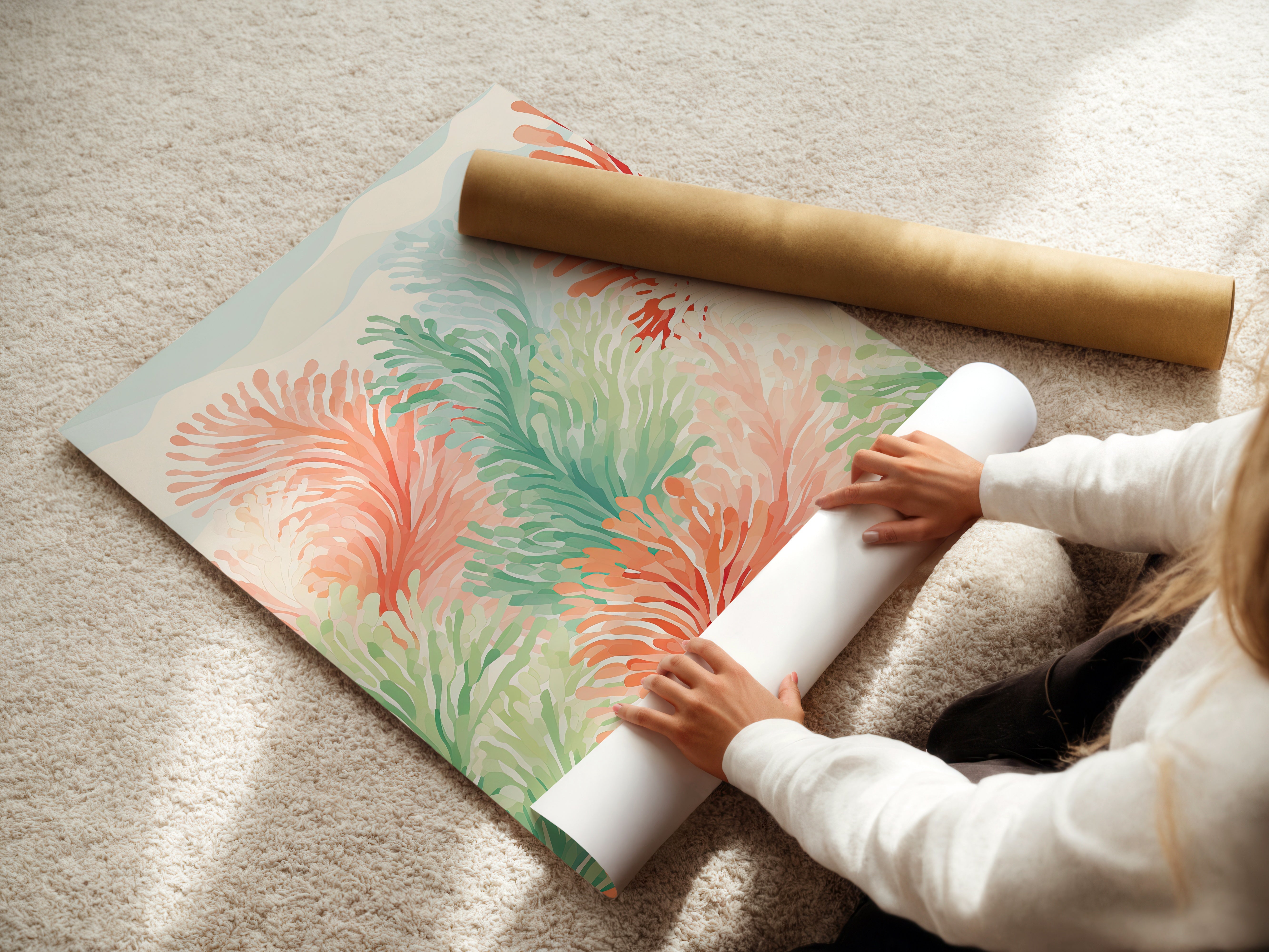Person unrolling the Serene Ocean Ferns wall art print with vibrant corals and greens on a soft surface.