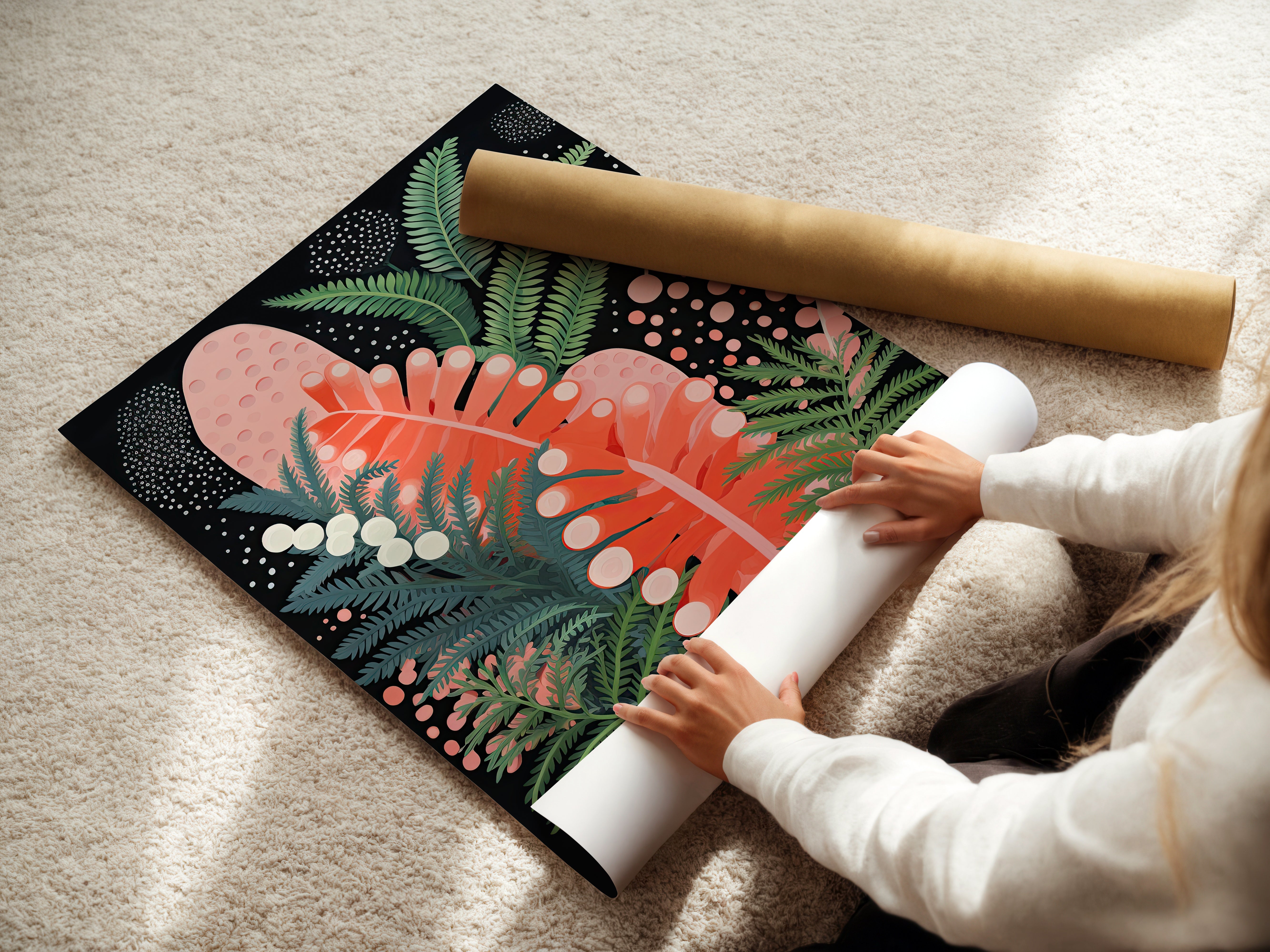 Person unrolling 'Abstract Jungle Glow' wall art print featuring vibrant leaves and modern design on a soft carpet.