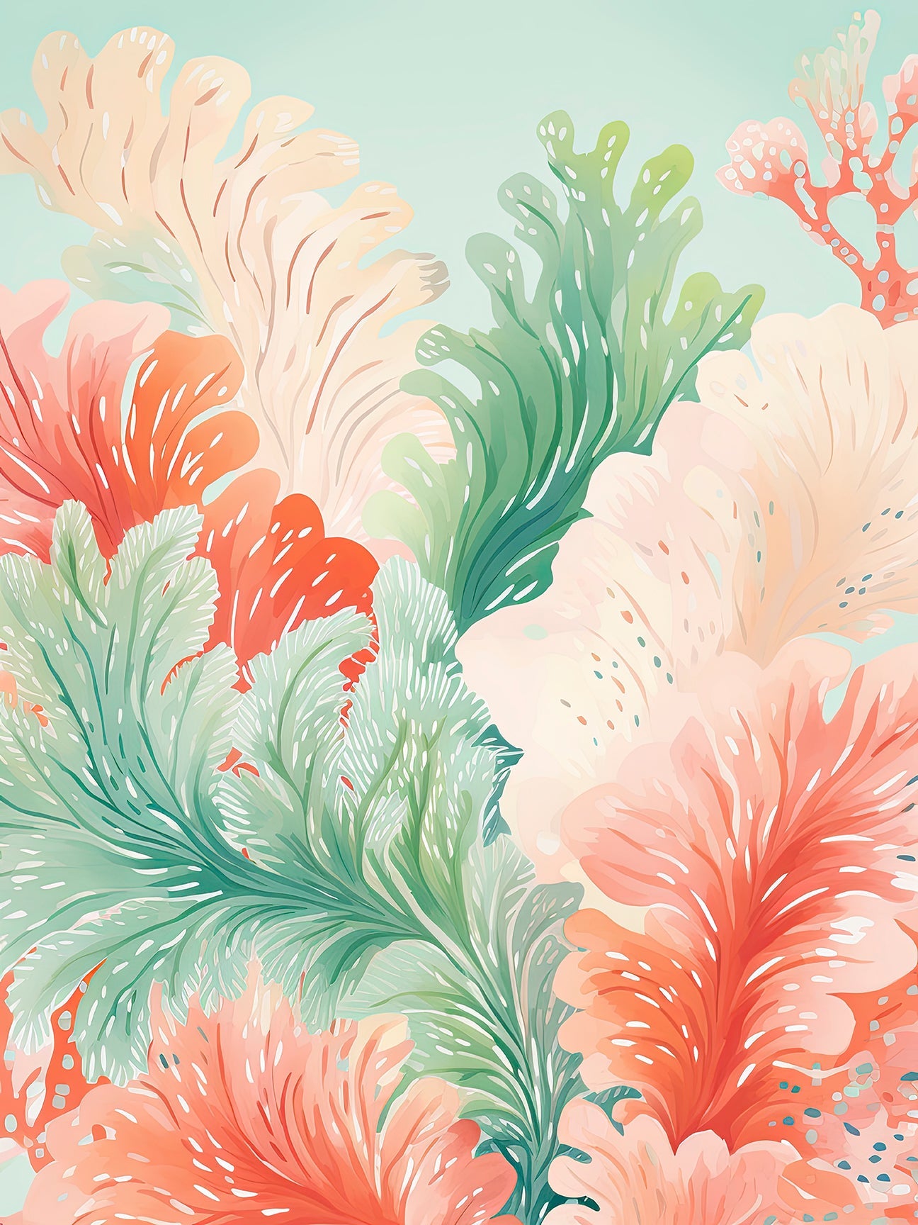 Vibrant bohemian wall art featuring ocean ferns in soft coral pinks and seafoam greens, perfect for modern decor.