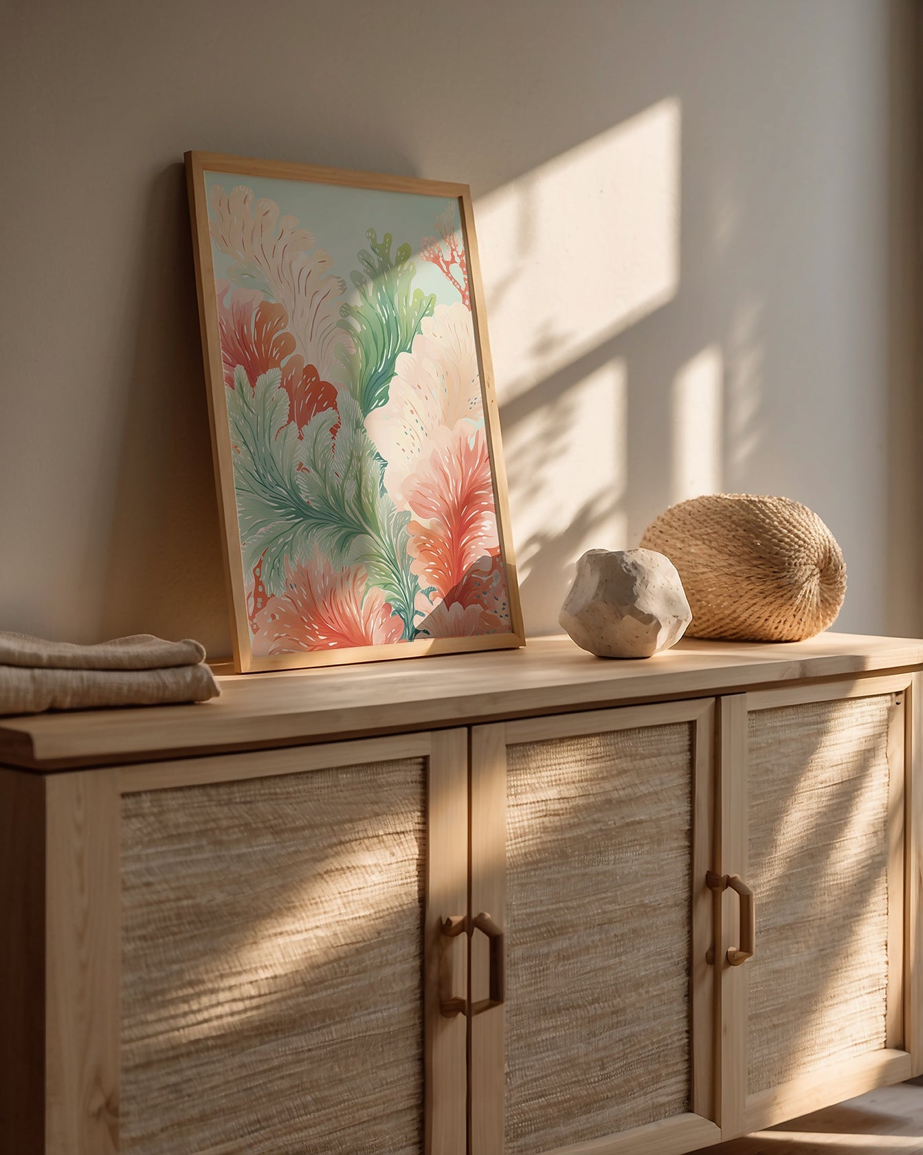 Boho Reef Harmony wall art print featuring ocean ferns in coral pinks and seafoam greens, displayed in a contemporary setting.