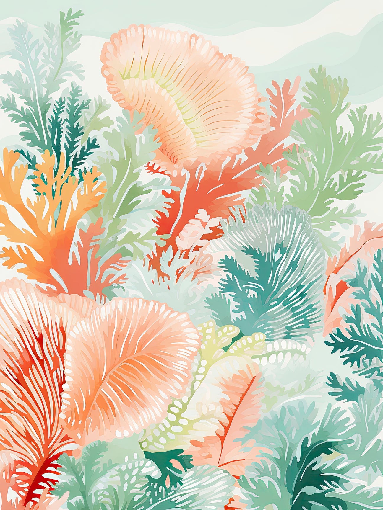 Vibrant wall art depicting colorful coral and underwater foliage in vibrant pastels and bold tones, perfect for bohemian decor.