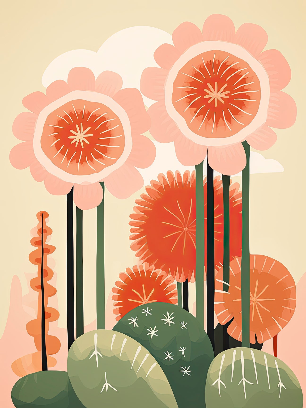Whimsical modern wall art print featuring oversized coral flowers and green cacti, ideal for boho decor.