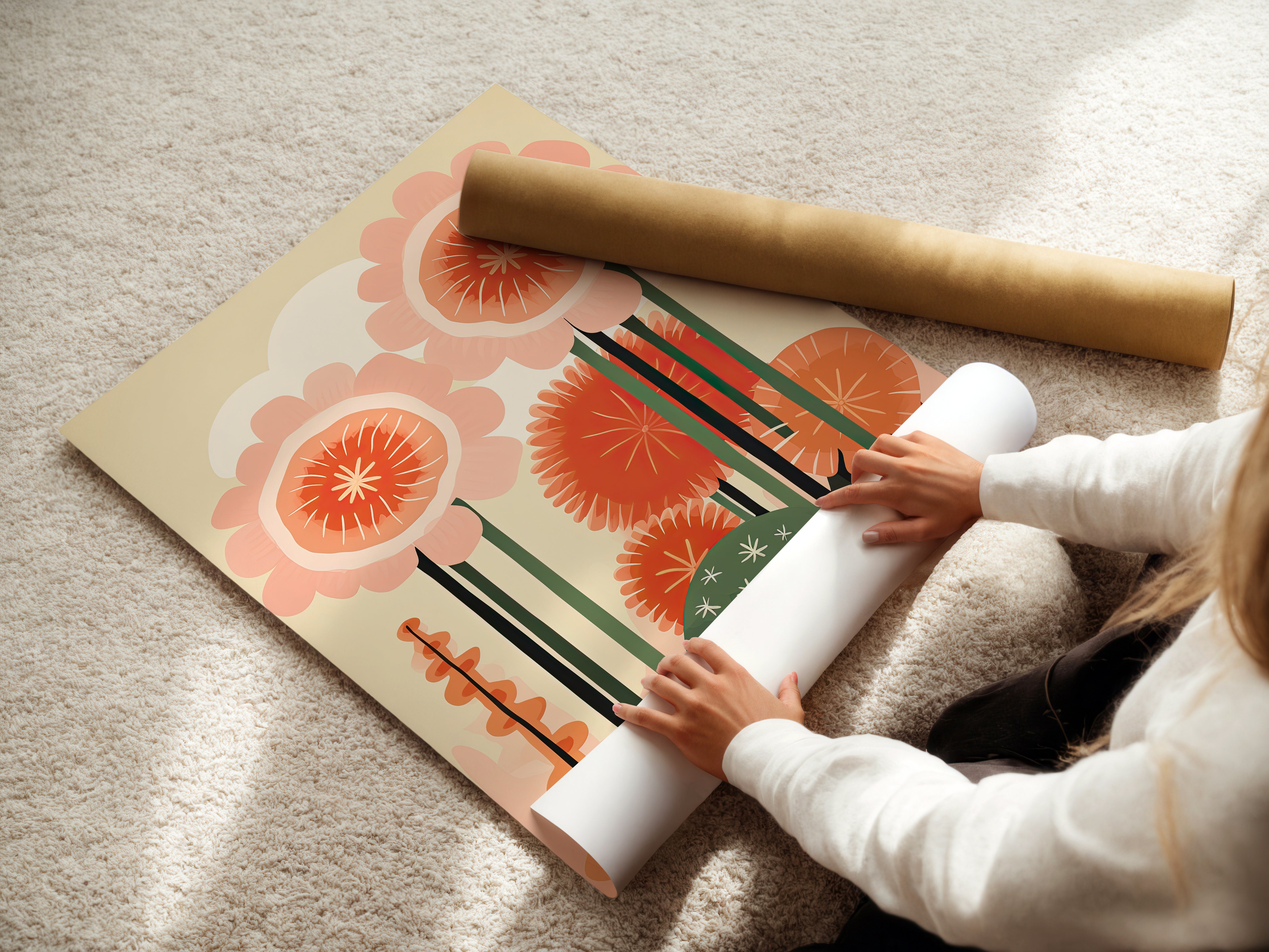 Person rolling out a colorful Southwestern Garden Bliss wall art print featuring flowers and cacti.