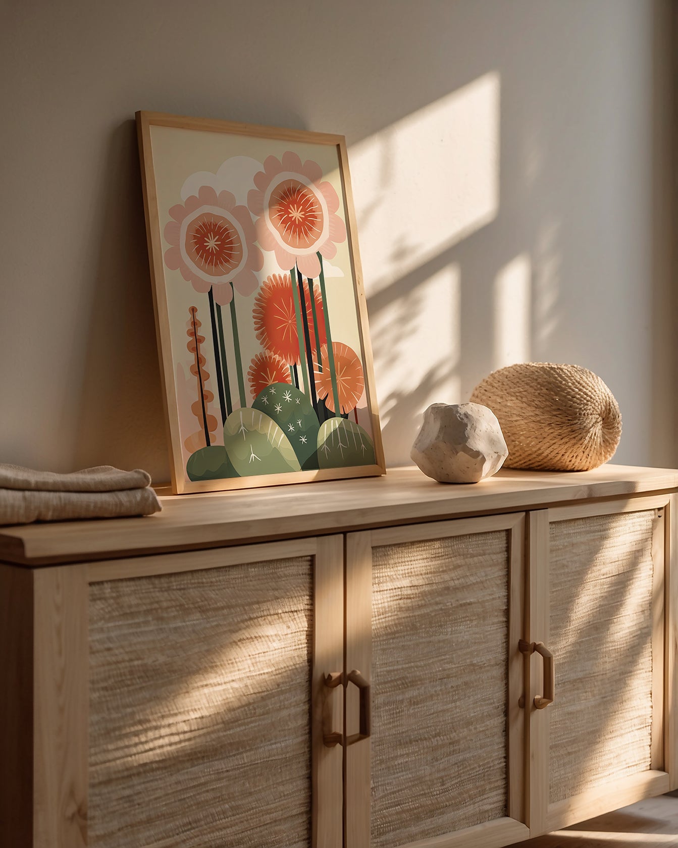 Bohemian art print featuring oversized flowers and cacti, perfect for modern wall decor in boho spaces.