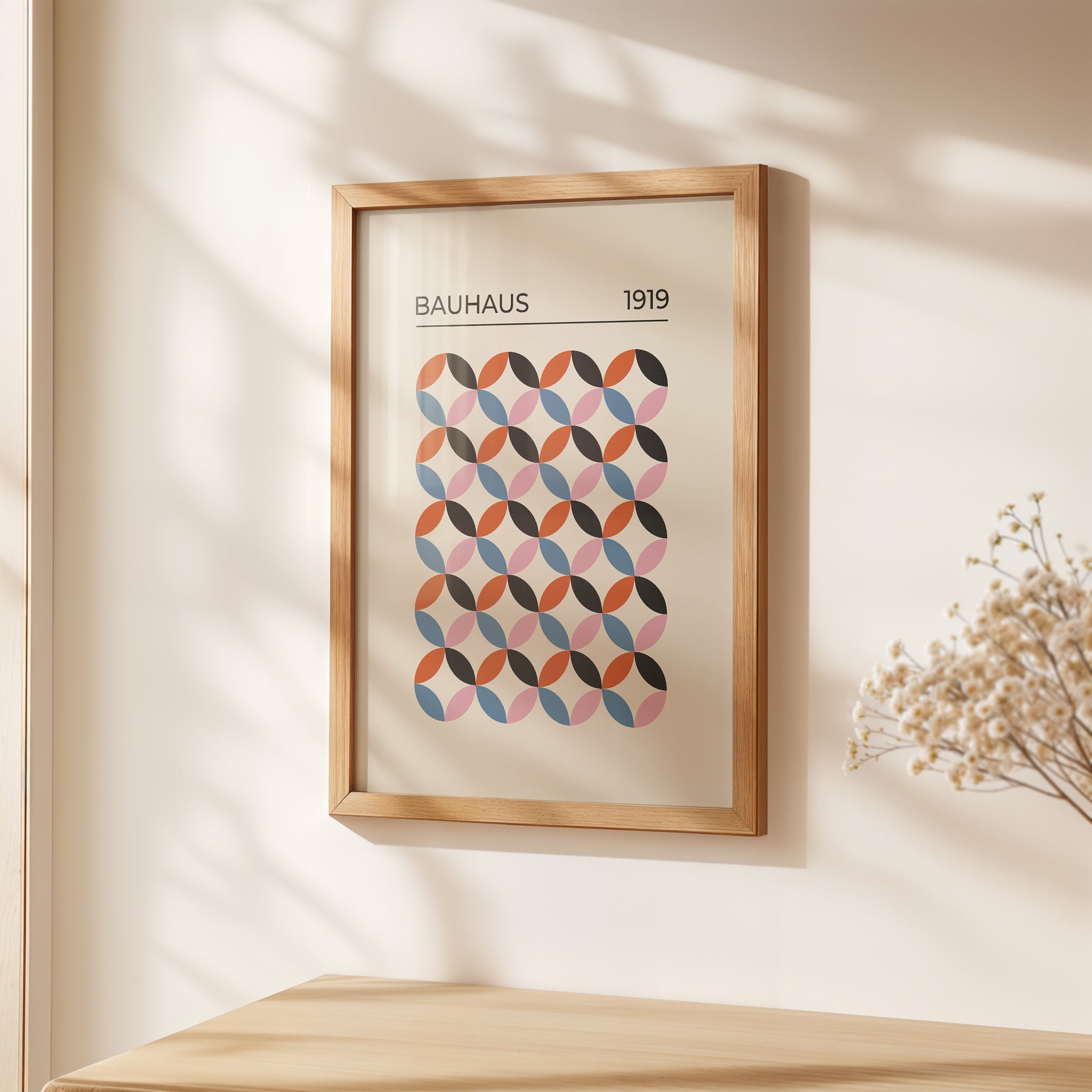 Bauhaus-inspired wall art print featuring geometric patterns in retro colors, ideal for modern art lovers.