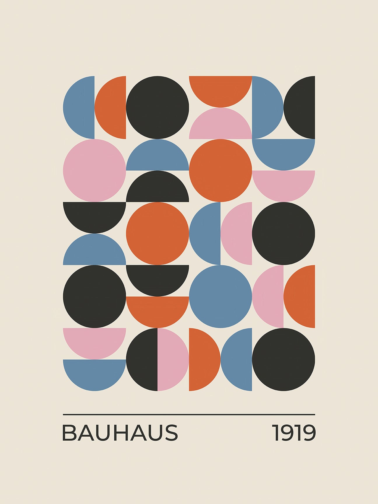Bauhaus-inspired wall art print featuring geometric half and full circles in pink, black, blue, and orange.