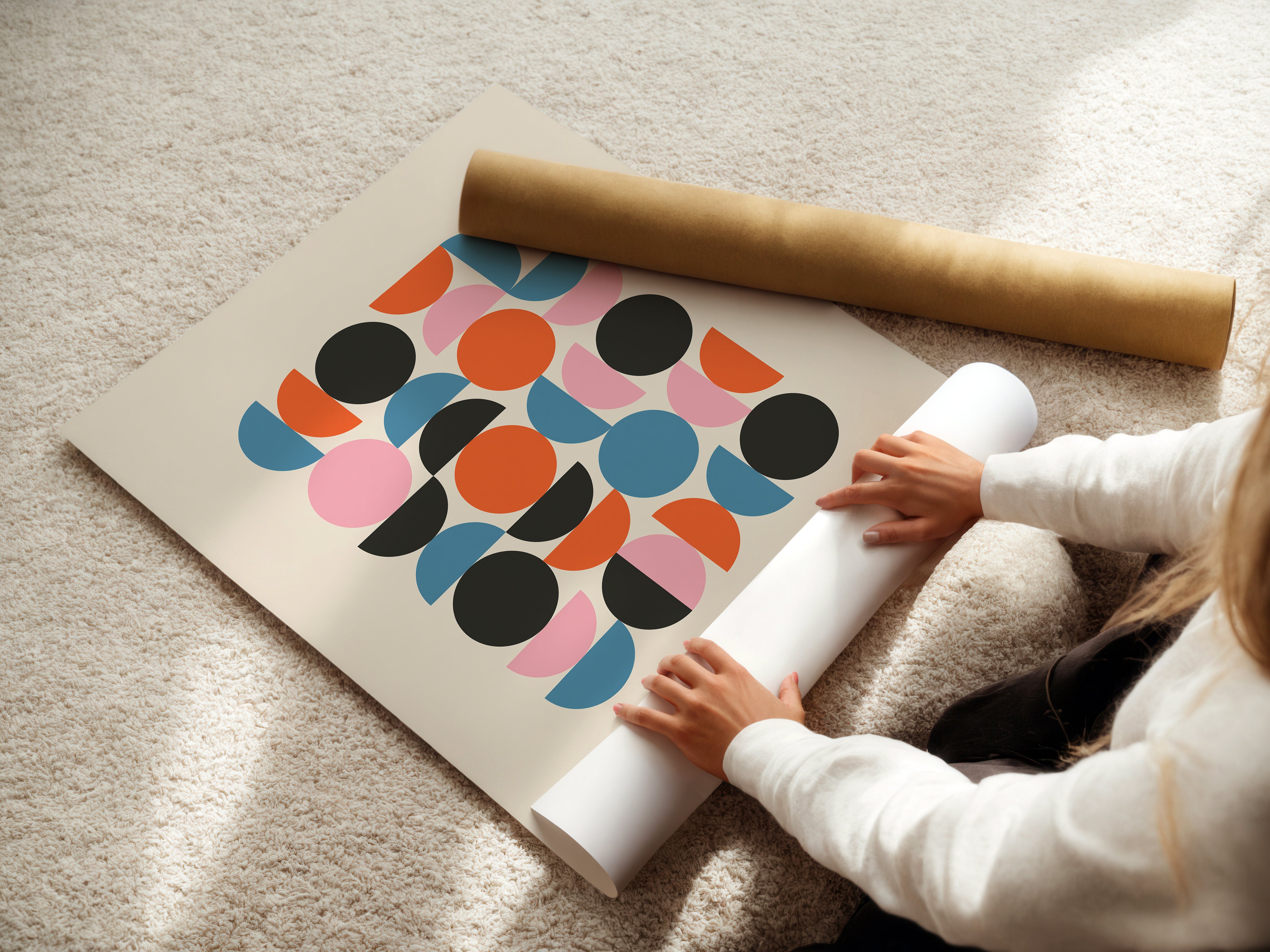 Person unrolling Semicircle Symphony art print on a soft carpet, featuring bold Bauhaus-inspired circles and playful color blocks.