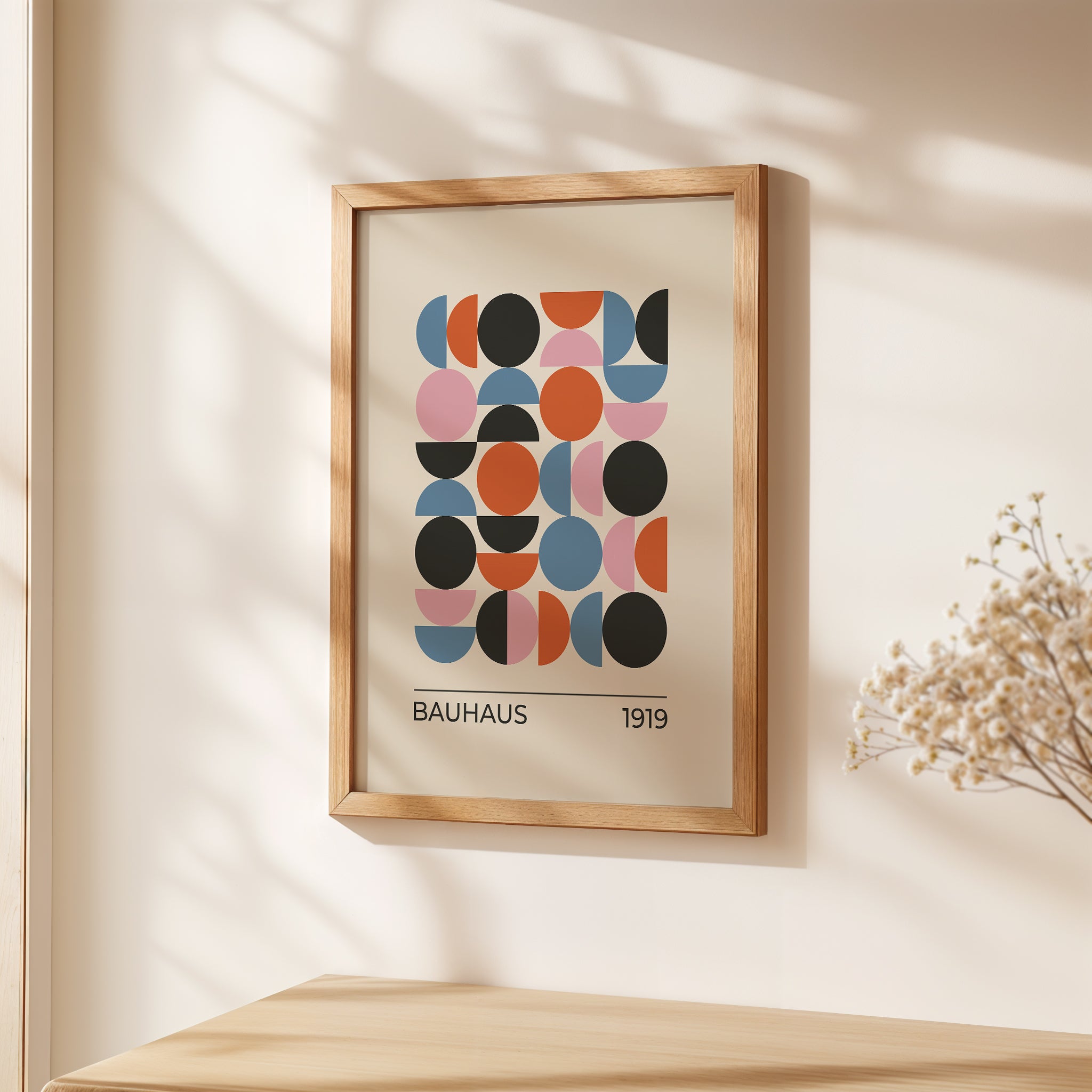 Bauhaus-inspired wall art print featuring colorful geometric shapes and balanced design elements.