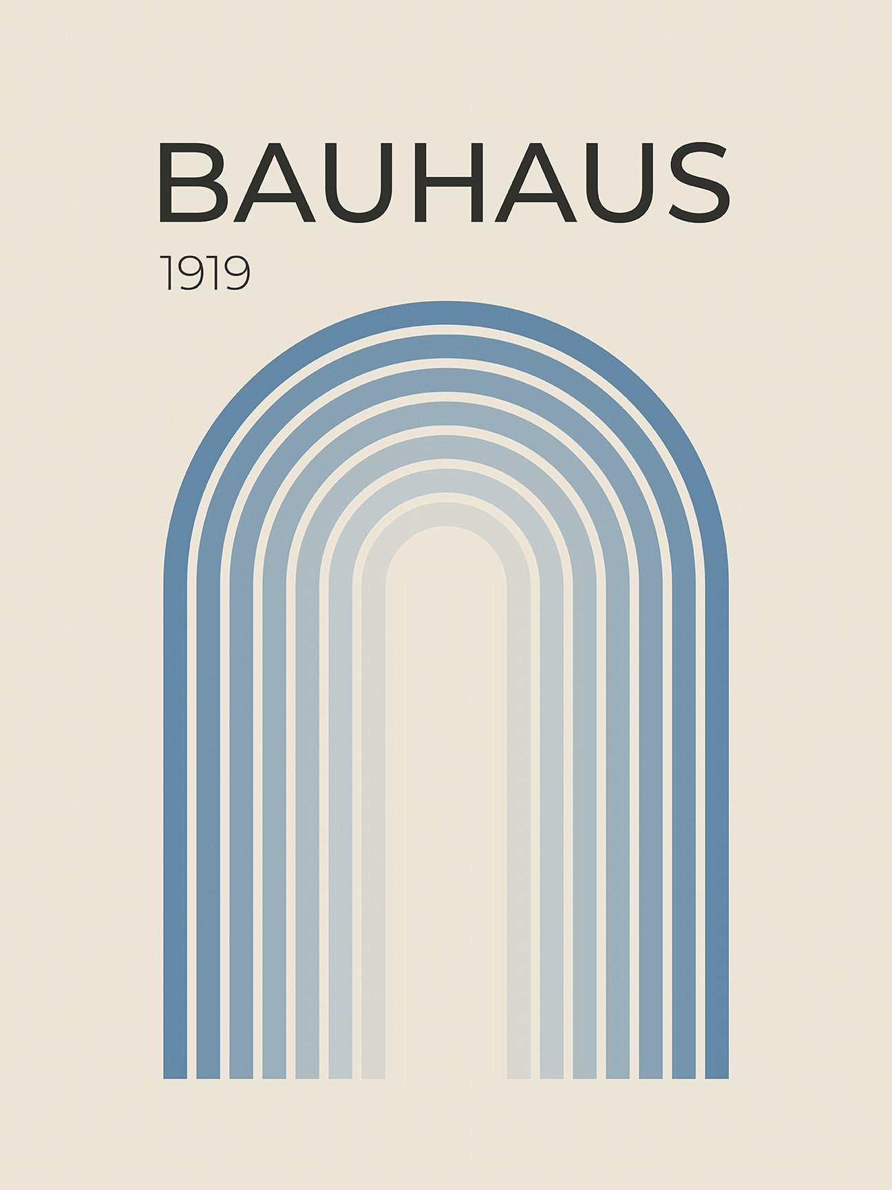 Bauhaus wall art print featuring a blue gradient arch design, showcasing modern design aesthetics.